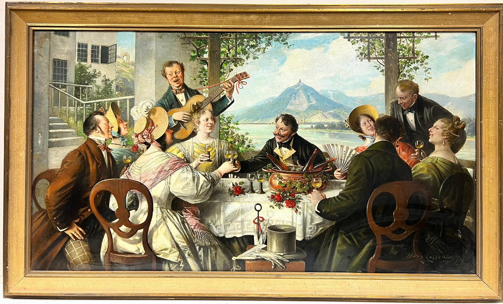 Enorme pintura al óleo europea de 1900 Figuras elegantes cenando en una terraza junto a un lago - Painting de Hans August Lassen