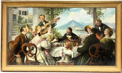 Enorme pintura al óleo europea de 1900 Figuras elegantes cenando en una terraza junto a un lago