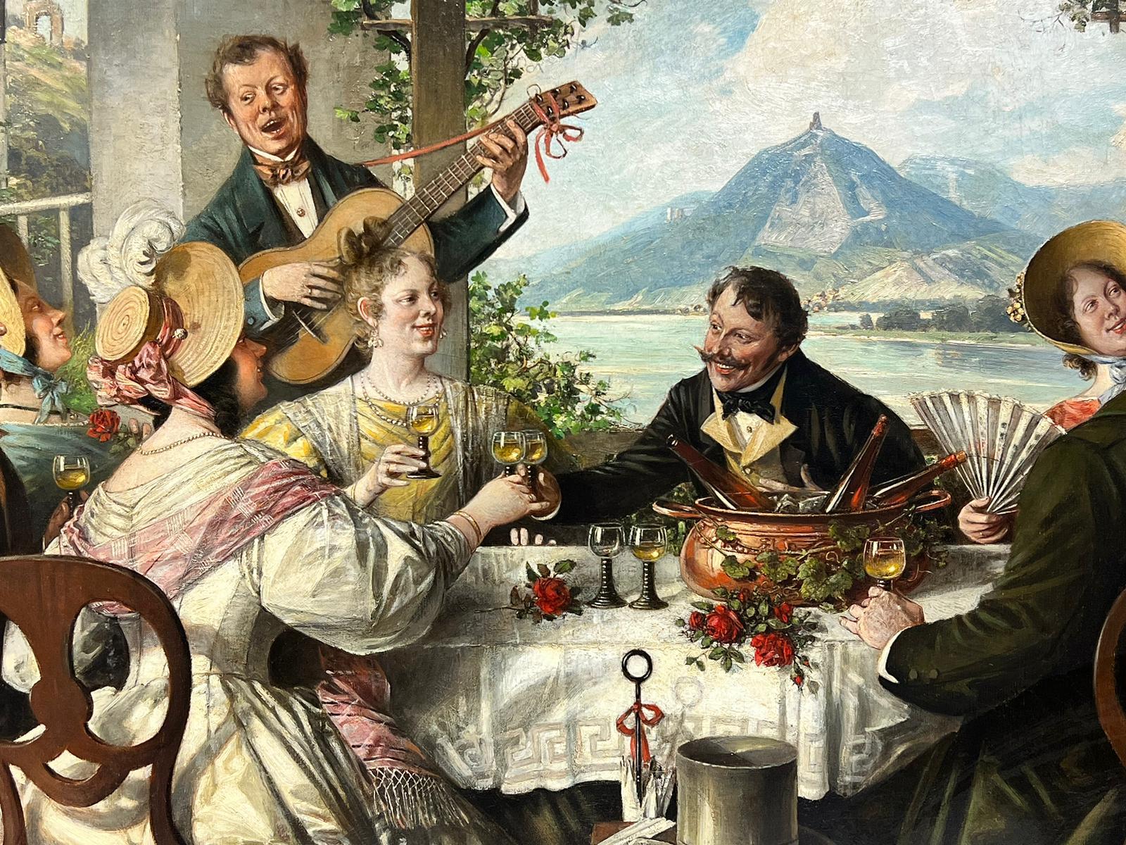 Enorme pintura al óleo europea de 1900 Figuras elegantes cenando en una terraza junto a un lago - Painting Victoriano de Hans August Lassen