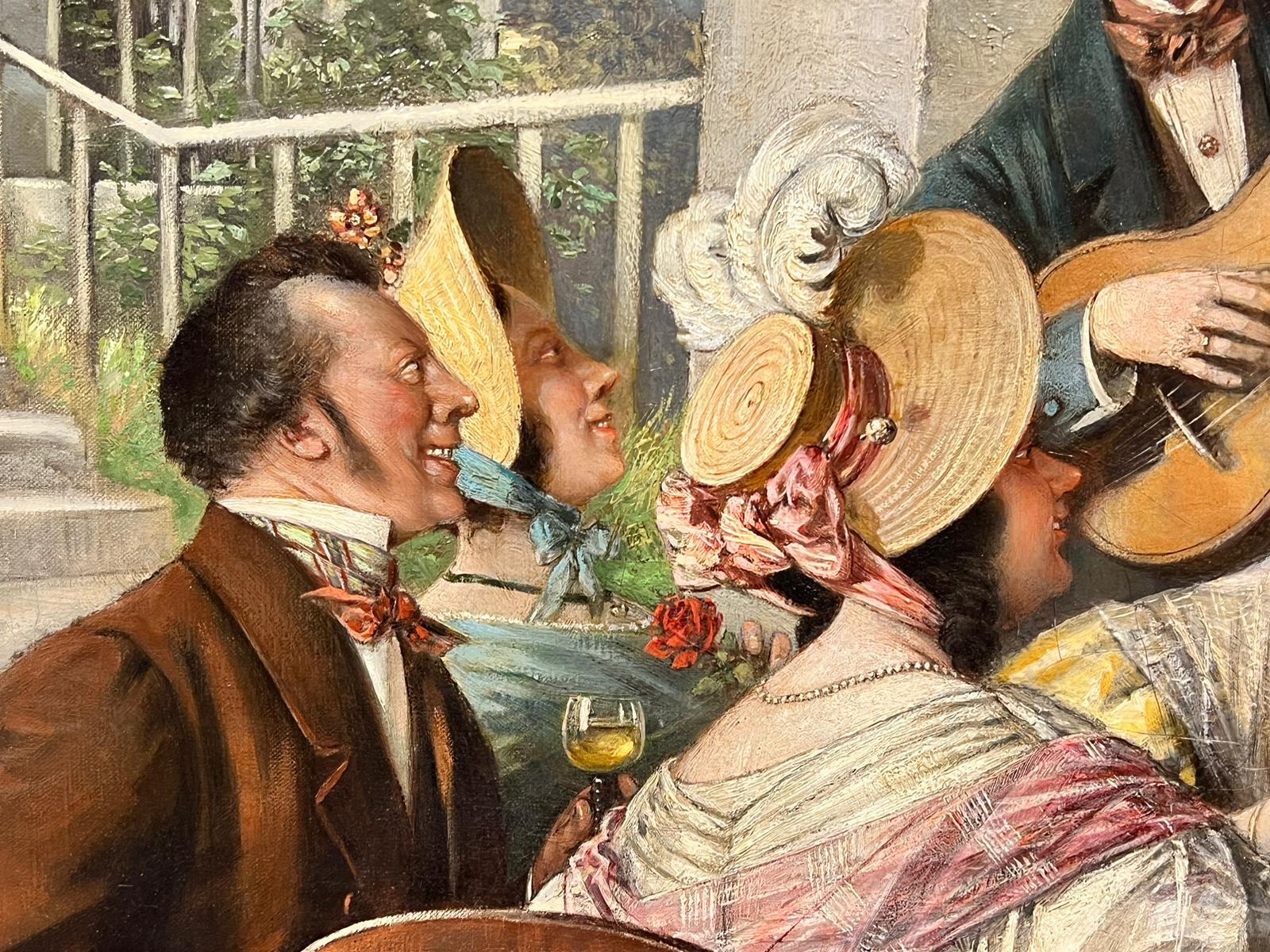 Enorme pintura al óleo europea de 1900 Figuras elegantes cenando en una terraza junto a un lago - Figurative Painting Marrón de Hans August Lassen