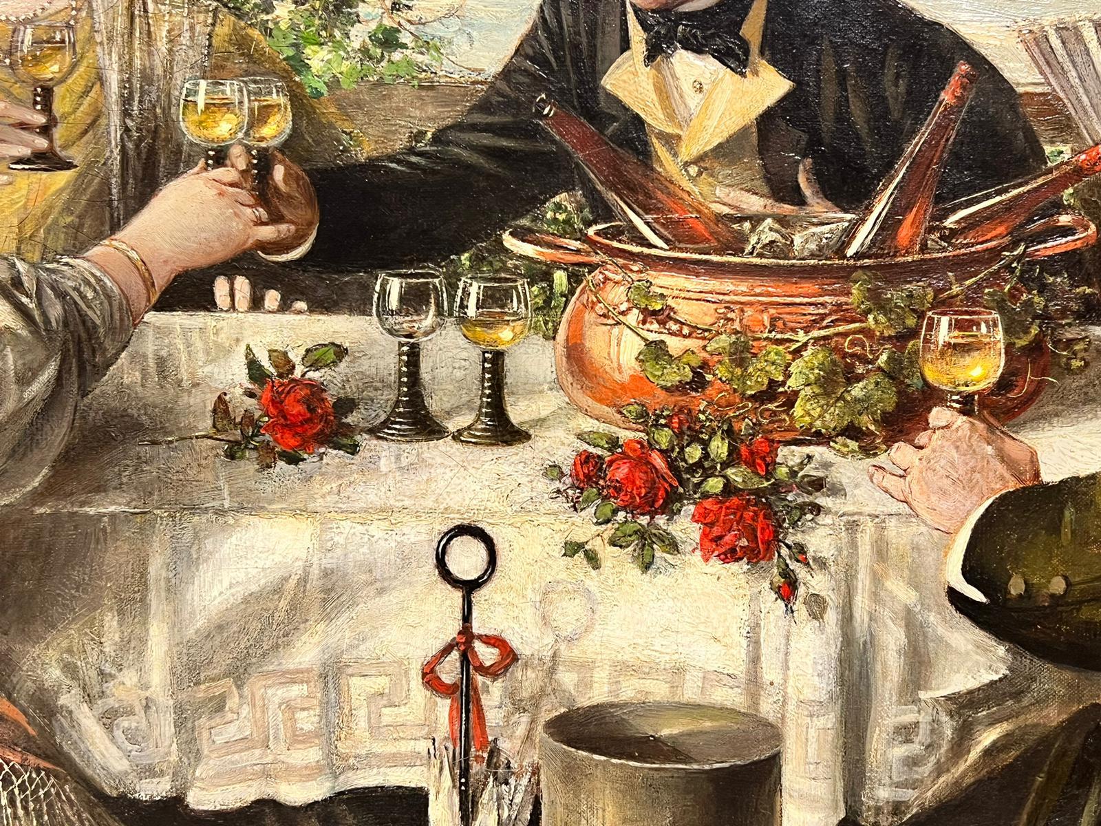 Riesige 1900''s European Fine Oil Painting Elegante Figuren Dining Lakeside Terrace im Angebot 3