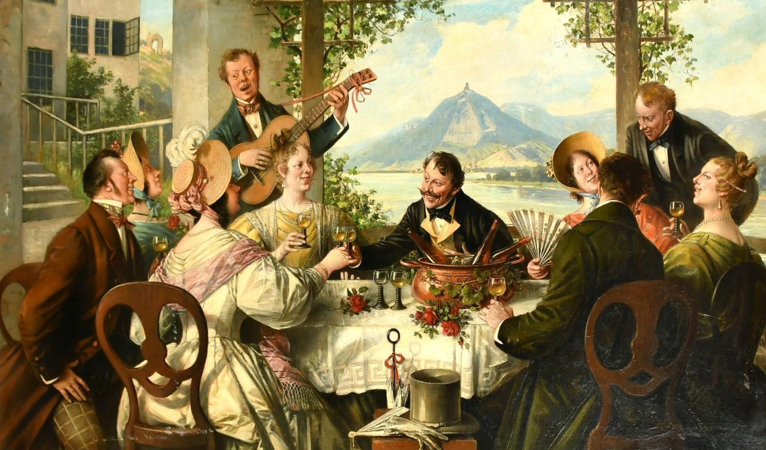 Huge 1900's European Fine Oil Painting Elegant Figures Dining Lakeside Terrace