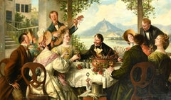 Grande peinture à l'huile européenne 1900''s Elegant Figures Dining Lakeside Terrace