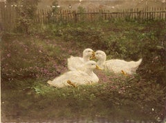Antique Hans Bartolo Brand "The ducks in the garden" oil on wood. Circa 1915