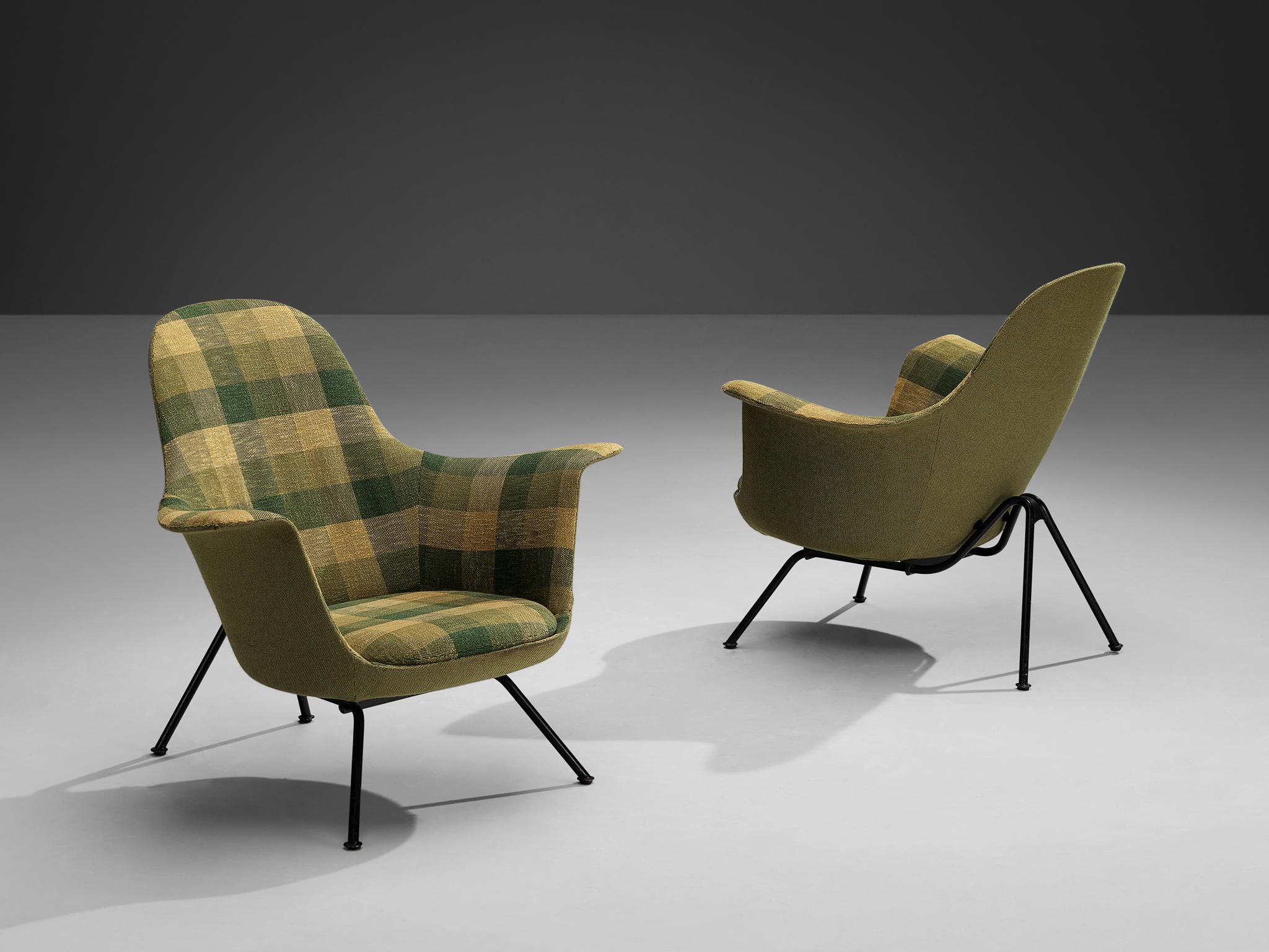 Hans Bellman for Strässle Söhne & Co, model 'Sitwell' lounge chairs, metal, plastic, fabric, Switzerland, 1950s

These elegant lounge chairs, model 