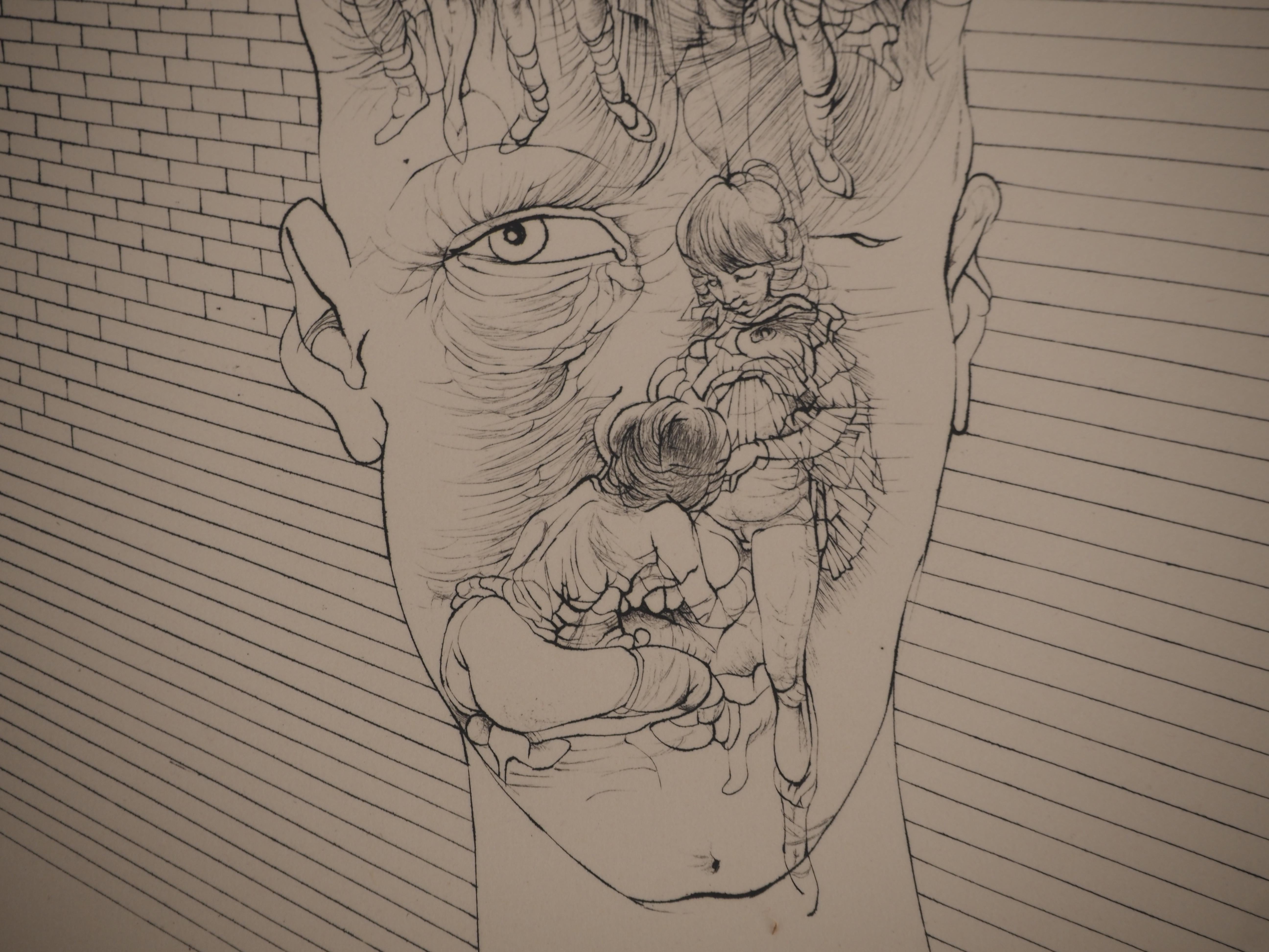 Oeils et poupées bleus - Gravure originale signée à la main - Limitée /99 (Flahutez n°89) - Marron Figurative Print par Hans Bellmer