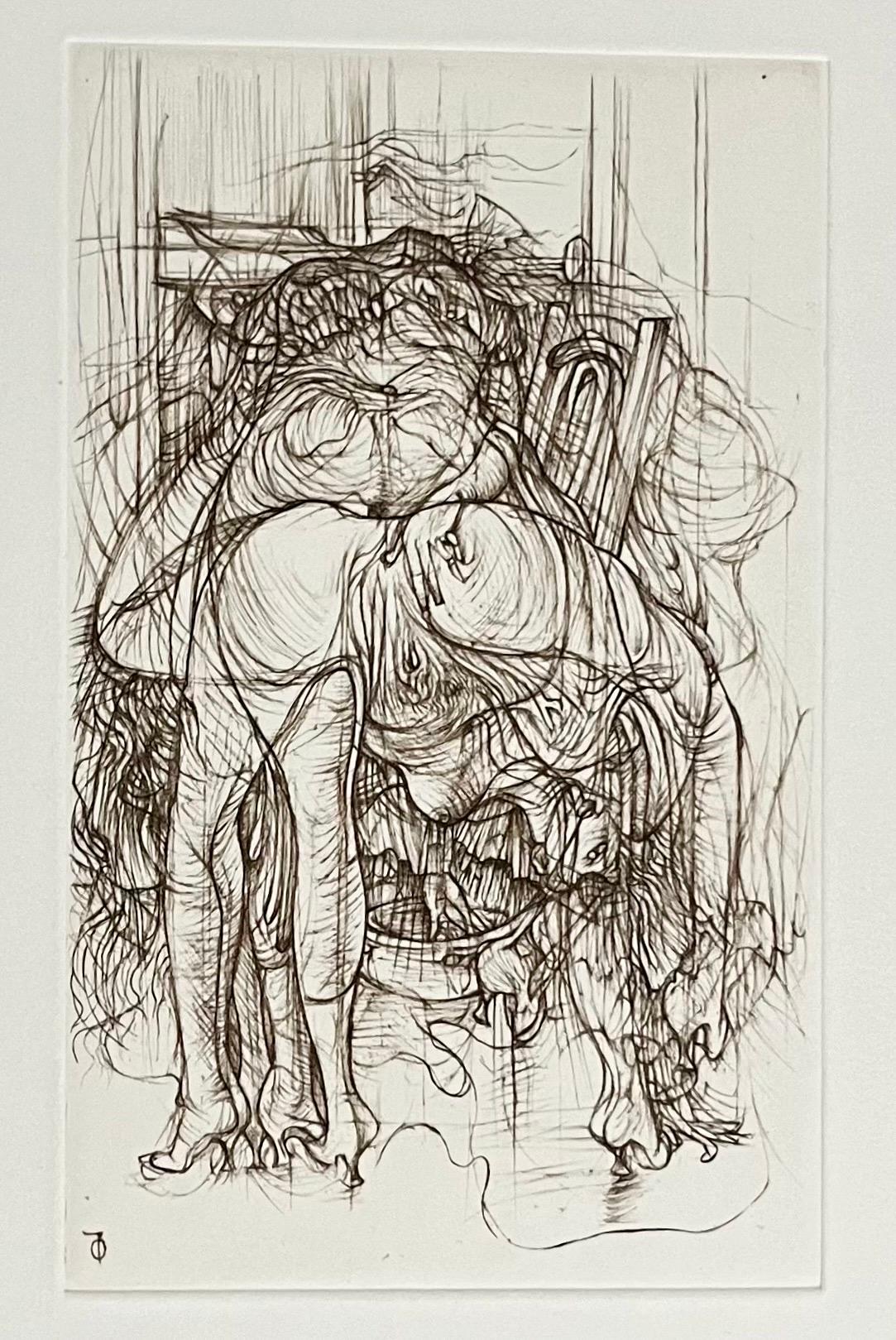 After Hans Bellmer (German, 1902-1975) 
Surrealist engraving, etching
after drawings from a 1942 notebook, 
engraved in 1974-75 by Cecile Reims
Printed by L'Atelier de Chalcographie du Louvre, Paris, 
Having printed monogram lower left in plate,