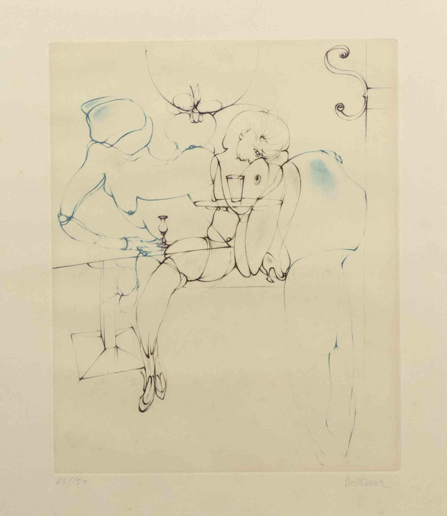 Interior con figura es un grabado original realizado por el famoso artista Hans Bellmer en 1971.

Grabado mixto en color.

Buen estado, salvo algunas rayas y pequeñas manchas.

Firmado a mano en el margen inferior derecho.

Numerada en la parte