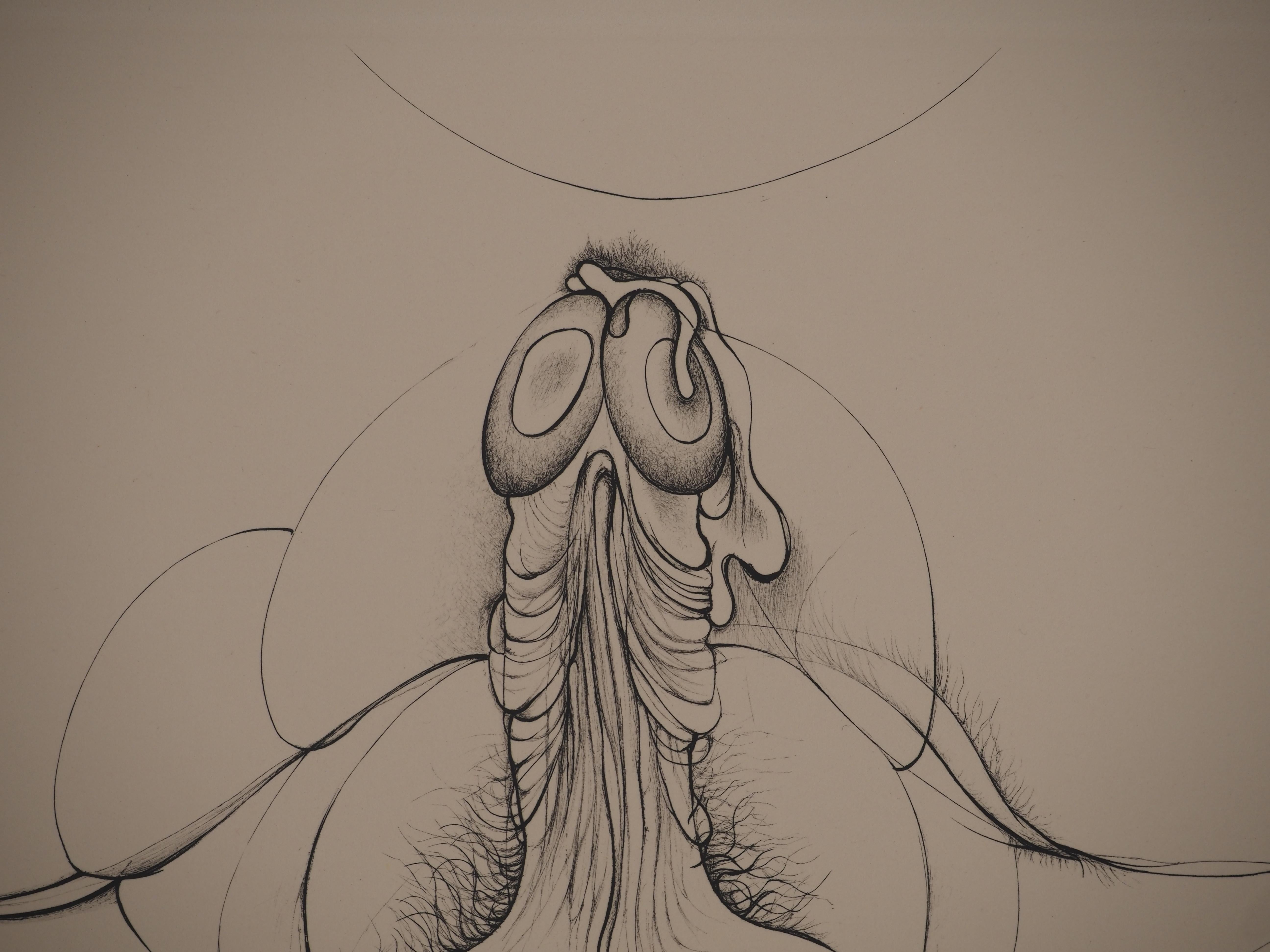 Intimacy, gravure originale signée à la main, édition limitée /99 exemplaires (Flahutez n°90) - Marron Figurative Print par Hans Bellmer