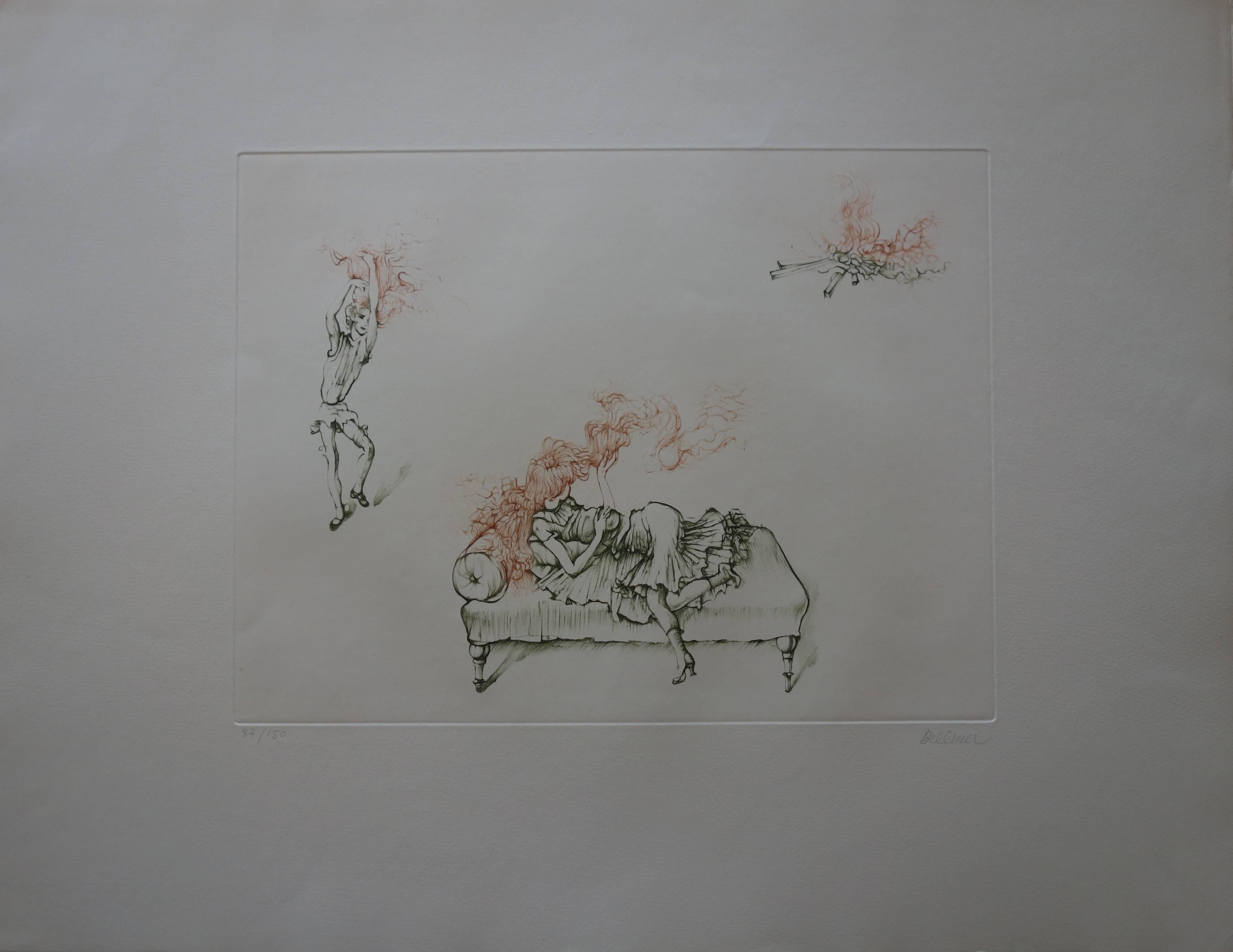 Red Hair Girl in Fire - Original handsigned etching - 150ex - Surrealist Print by Hans Bellmer