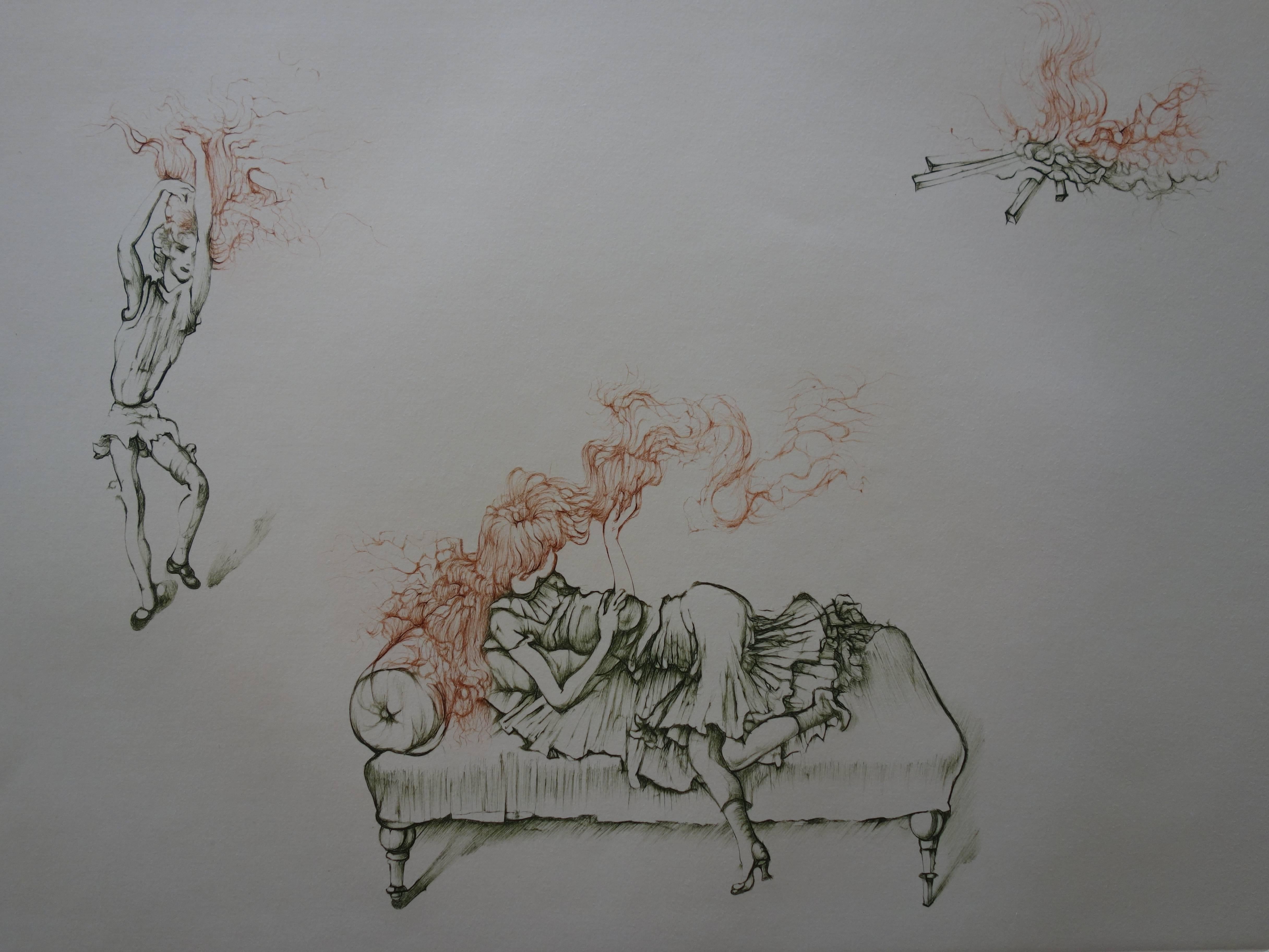 Fille aux cheveux roux dans le feu - Gravure originale signée - 150ex - Gris Figurative Print par Hans Bellmer