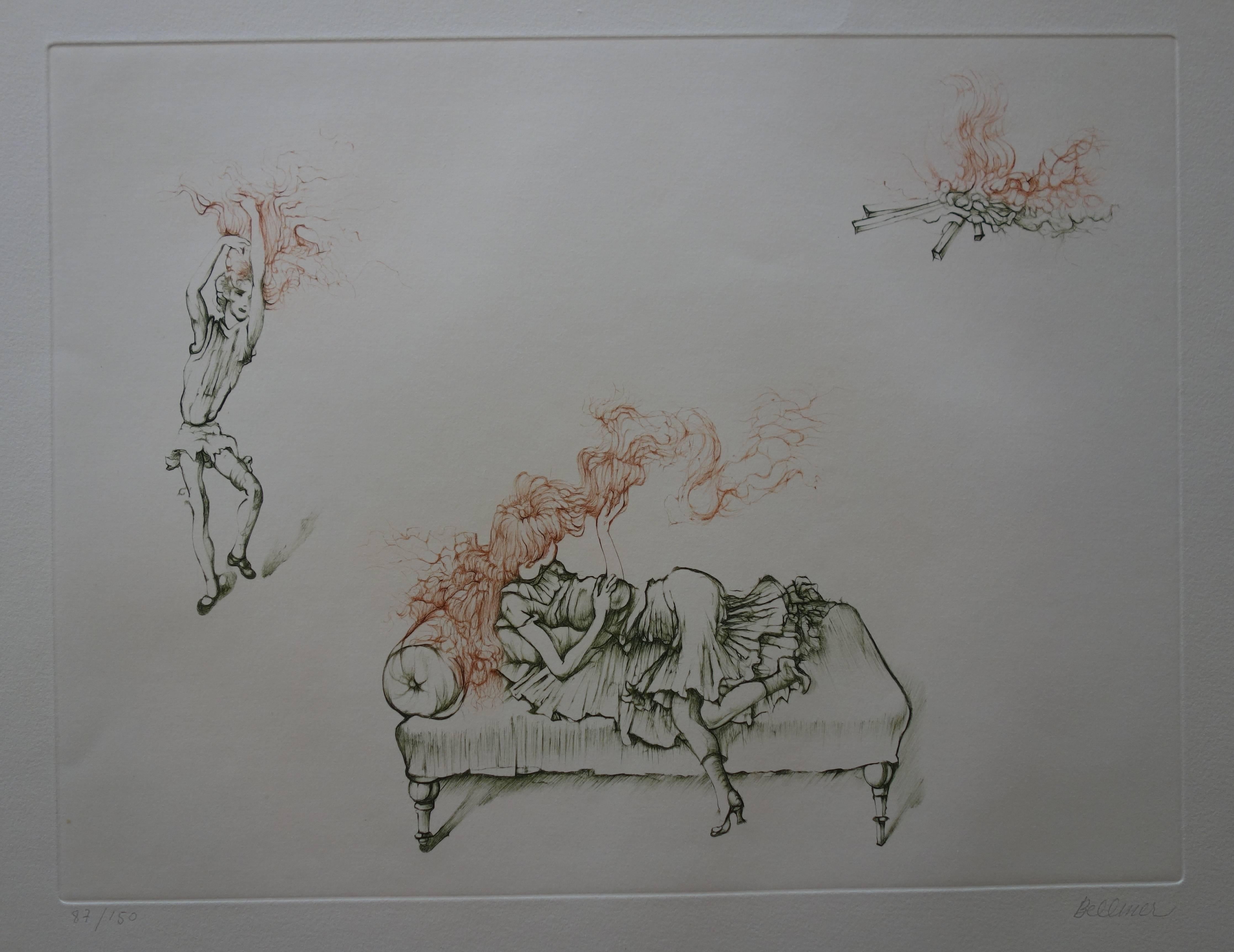 Hans Bellmer Figurative Print - Red Hair Girl in Fire - Original handsigned etching - 150ex