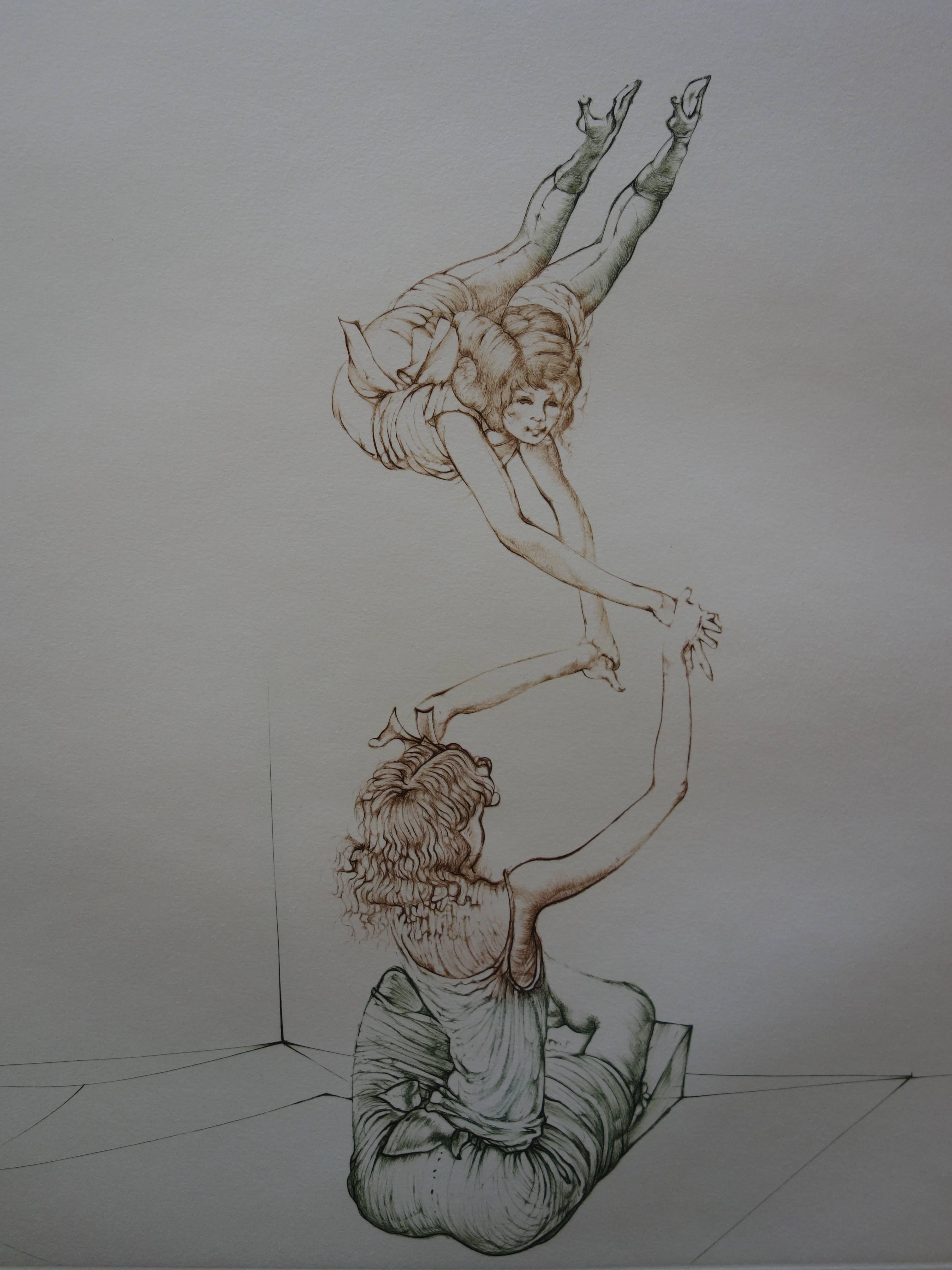 Los Equilibristas - Grabado original firmado a mano - 150ex - Figurative Print Gris de Hans Bellmer