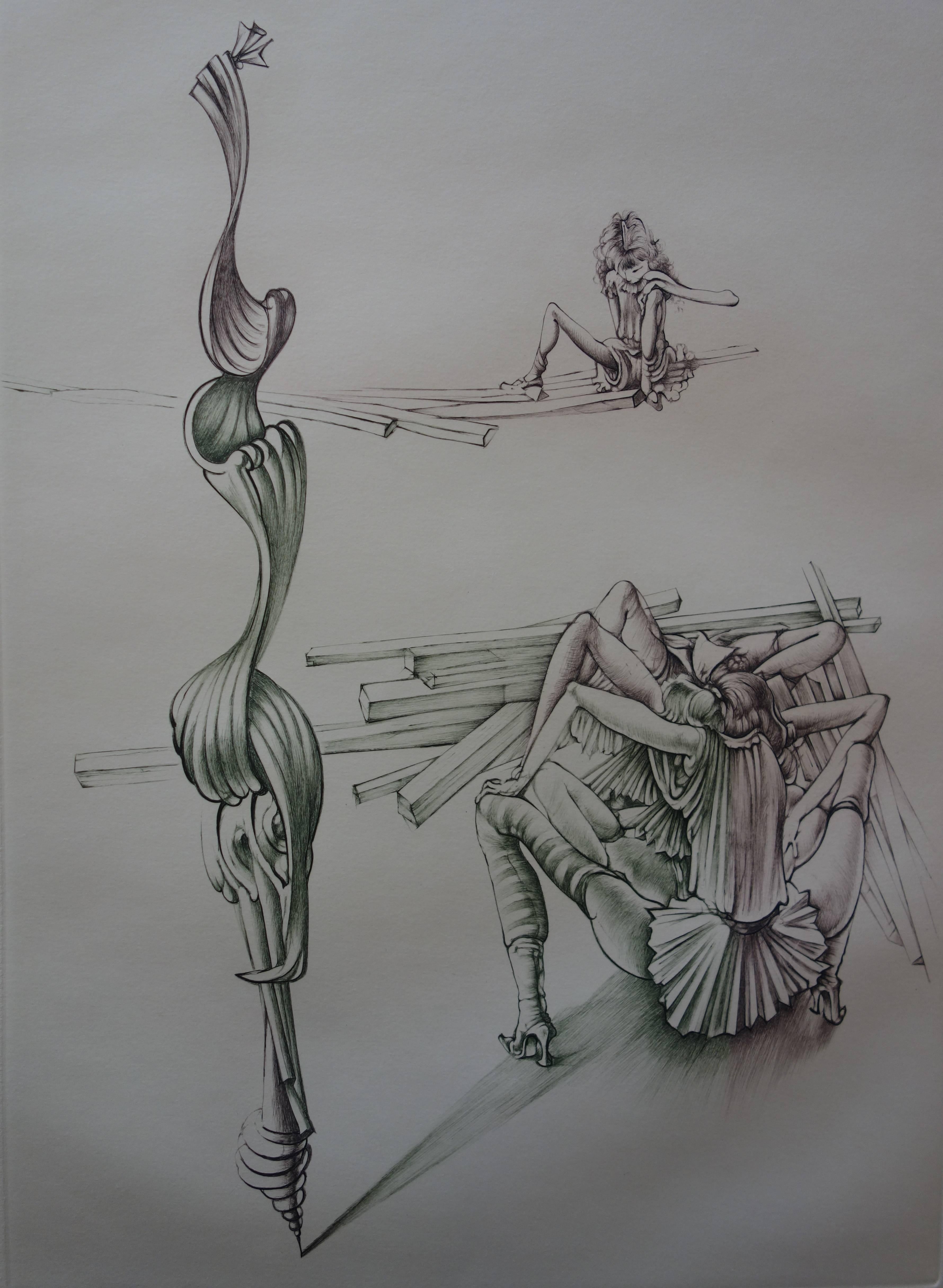 Femme sur scène - eau-forte originale signée à la main - 150ex - Gris Figurative Print par Hans Bellmer