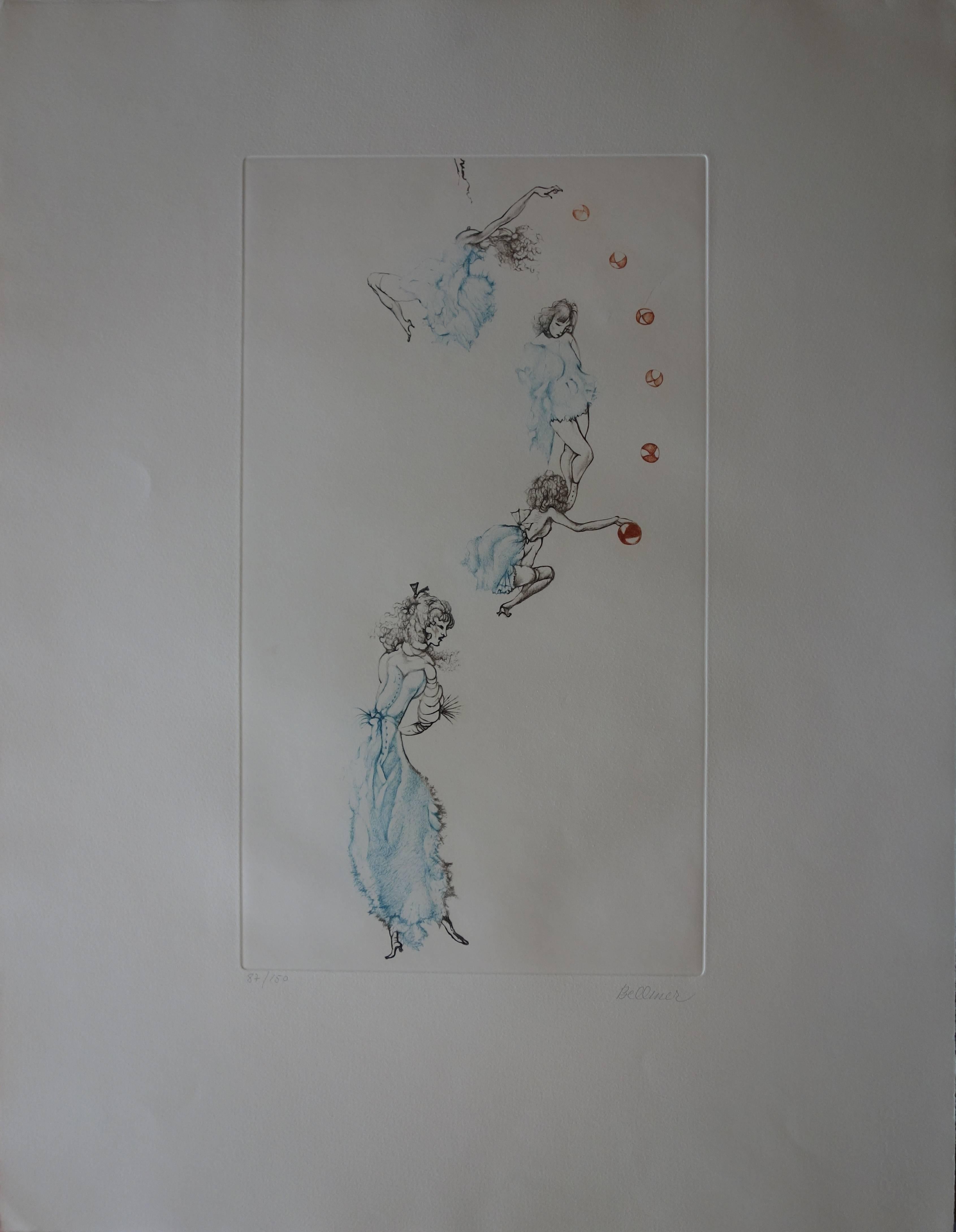 Mujer jugando con una pelota roja - Grabado original firmado a mano - 150ex - Print Moderno de Hans Bellmer