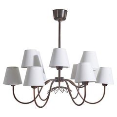 Hans Bergström, 12-armiger Kronleuchter, Messing, Stoff, Atelje Lyktan, Schweden, 1950er Jahre