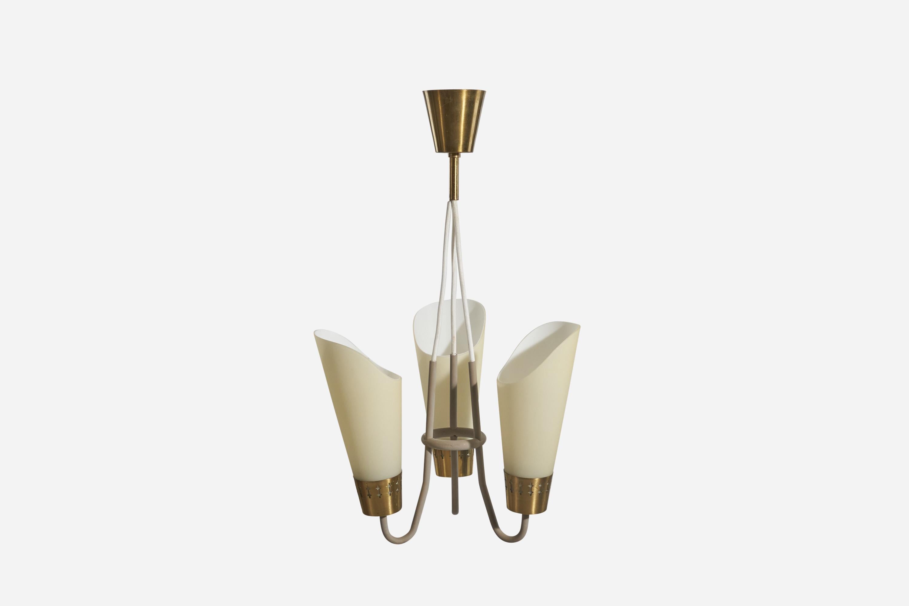 A brass and glass, 3-light chandelier designed by Hans Bergström and produced by ASEA, Sweden, 1950s. 

Dimensions of canopy (inches) : 3.12 x 3.25 x 3.25 (Height x Width x Depth).

Socket takes standard E-26 medium base bulb.
There is no