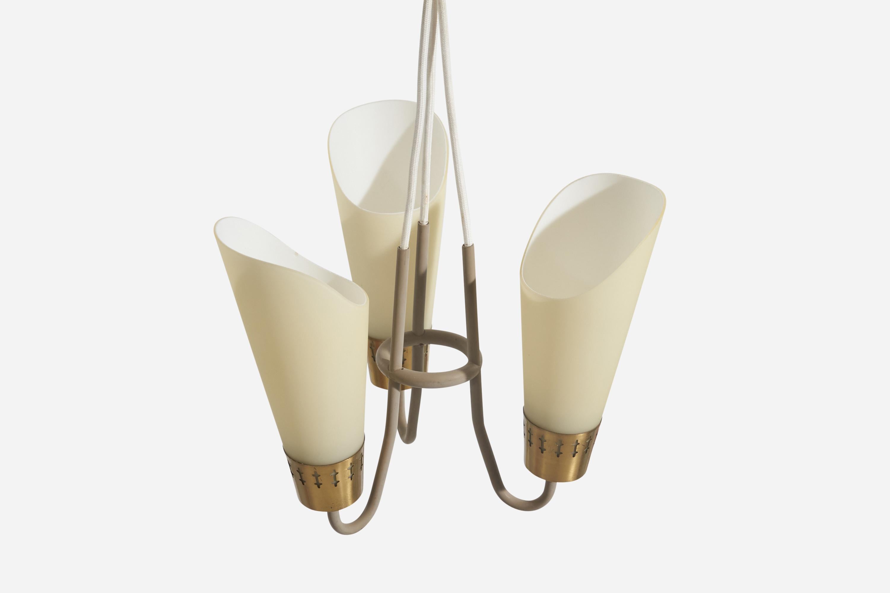Scandinavian Modern Hans Bergström, 3-Light Chandelier, Brass, Glass, ASEA, Sweden, 1950s For Sale