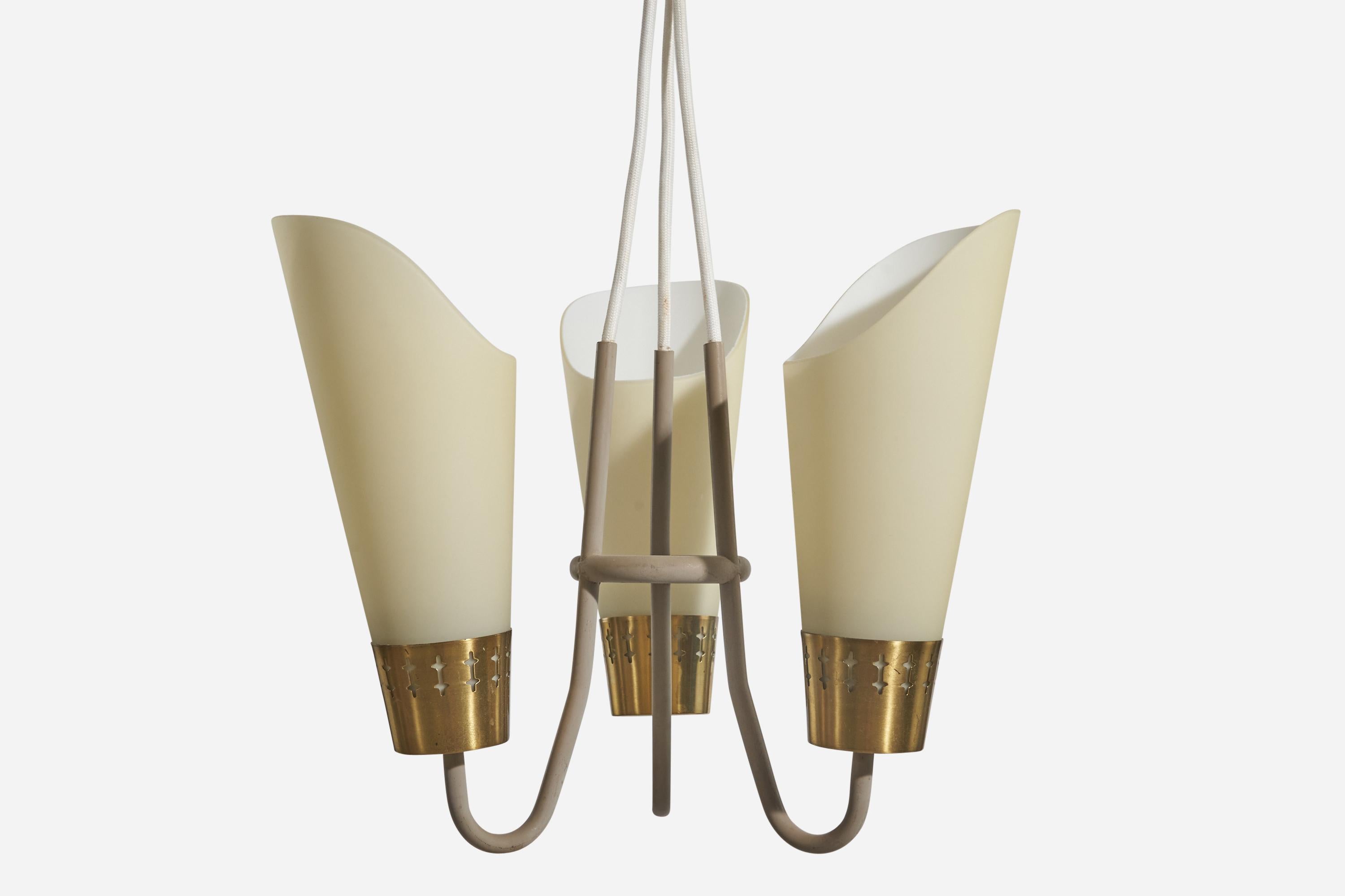 Hans Bergström, 3-Light Chandelier, Brass, Glass, ASEA, Sweden, 1950s In Good Condition For Sale In High Point, NC