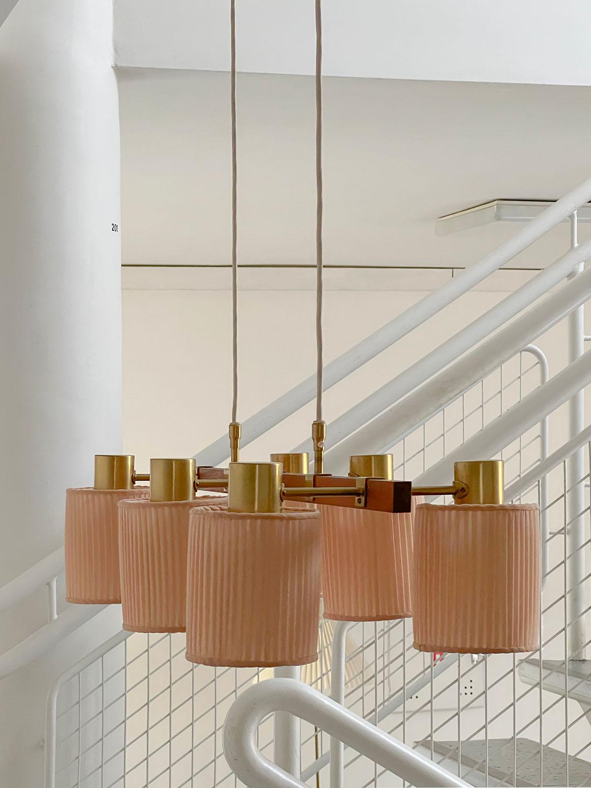 Swedish Hans Bergström 6-Arm Teak and Brass Ceiling Lamp, Sweden, 1950s