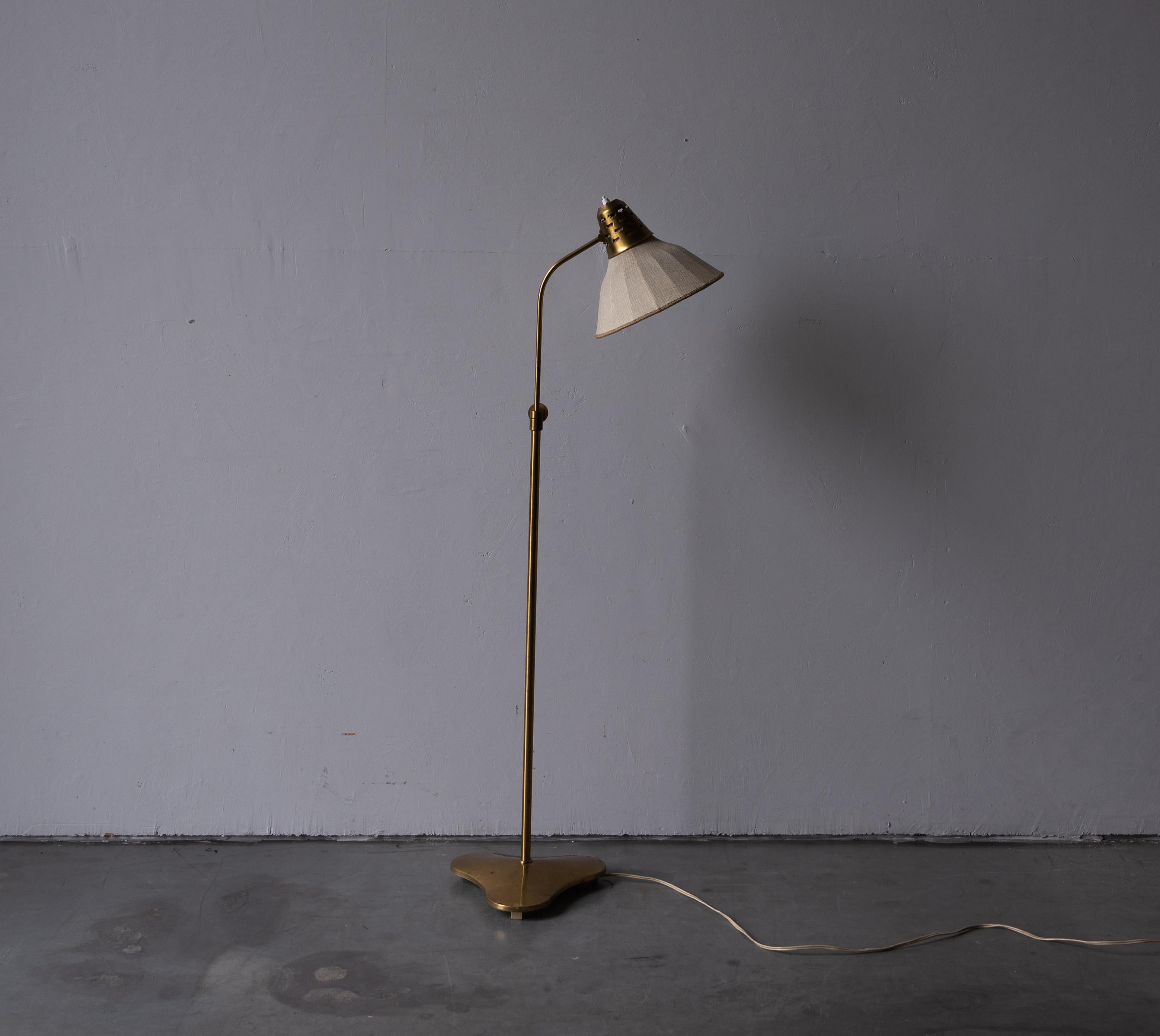 Swedish Hans Bergström, Adjustable Floor Lamp, Brass, Fabric, for ASEA, Sweden, 1950s