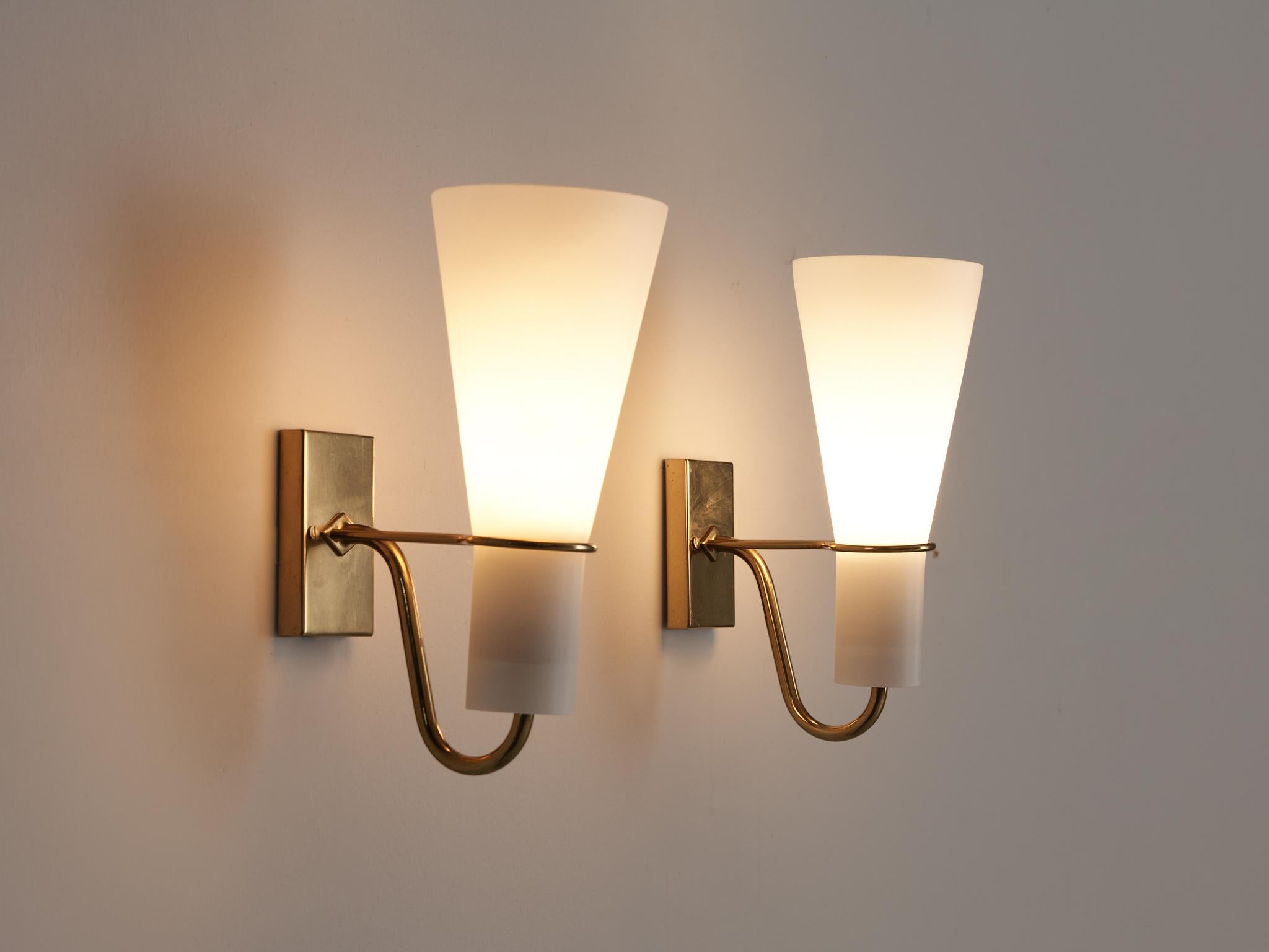 Swedish Hans Bergström for ASEA Belysning Wall Lights in White Glass and Brass