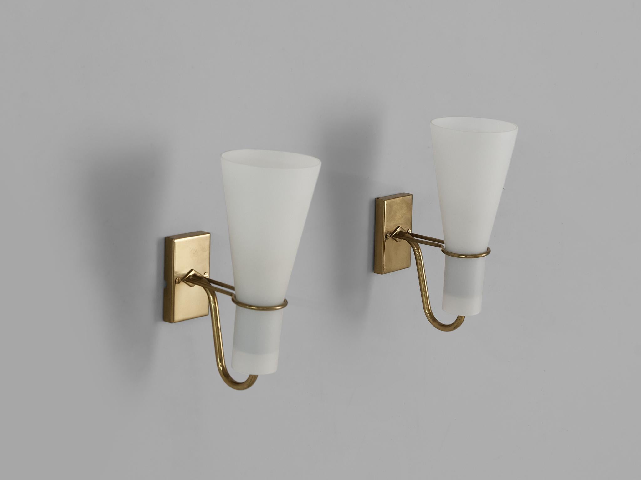 Mid-20th Century Hans Bergström for ASEA Belysning Wall Lights in White Glass and Brass