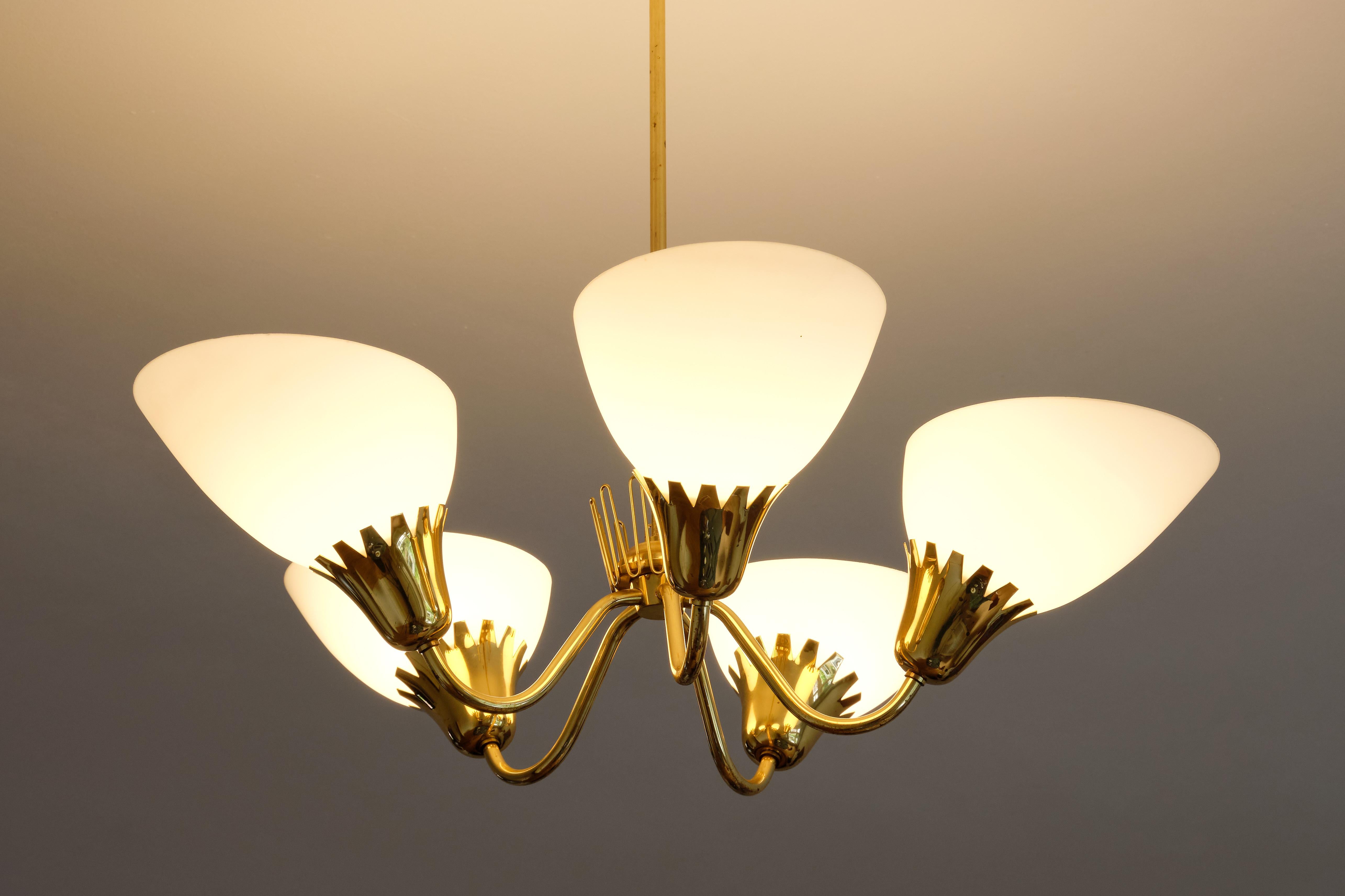 Hans Bergström Attributed Five Arm Chandelier in Brass, ASEA, Sweden, 1950s 5