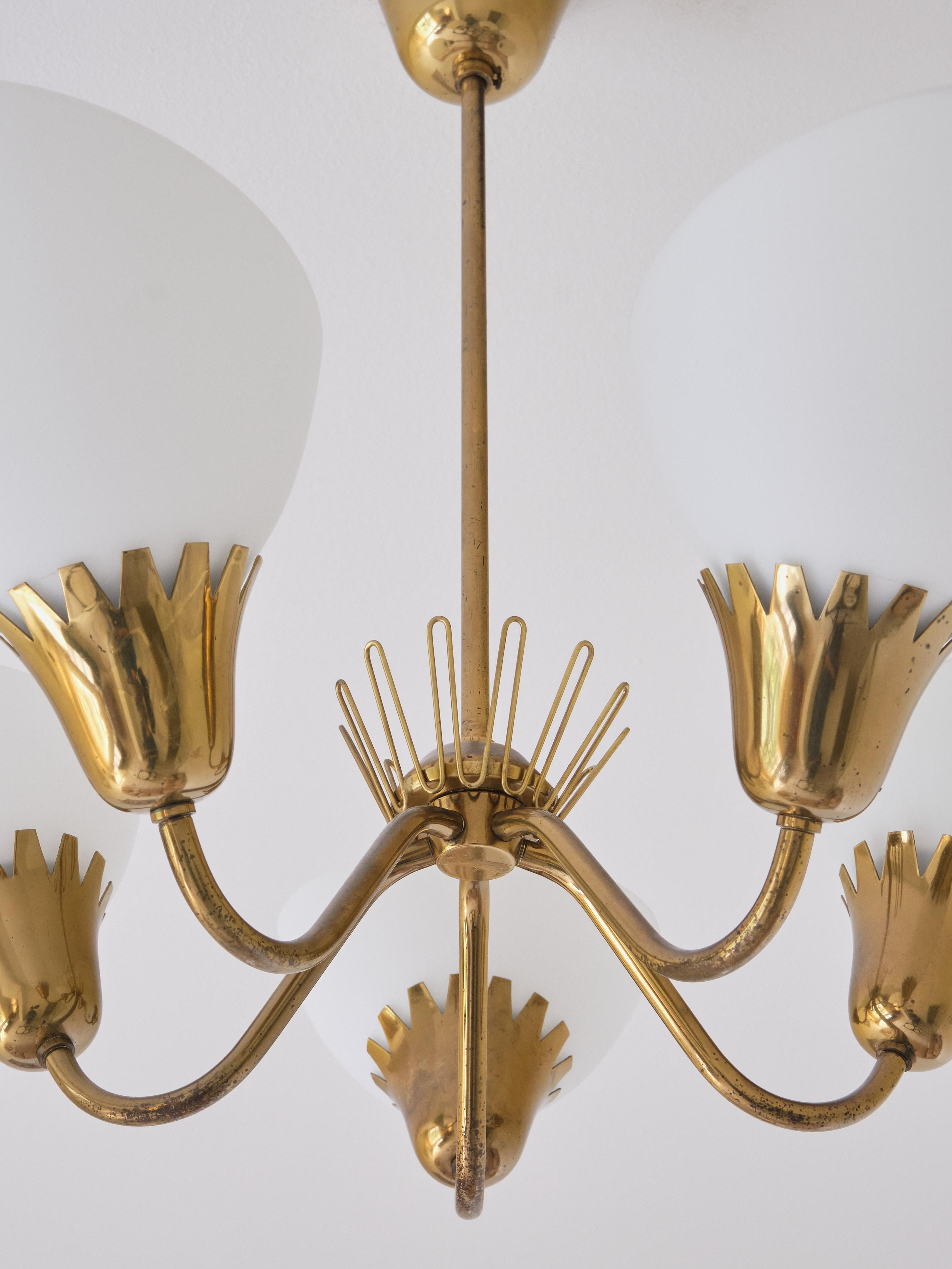 Hans Bergström Attributed Five Arm Chandelier in Brass, ASEA, Sweden, 1950s 6