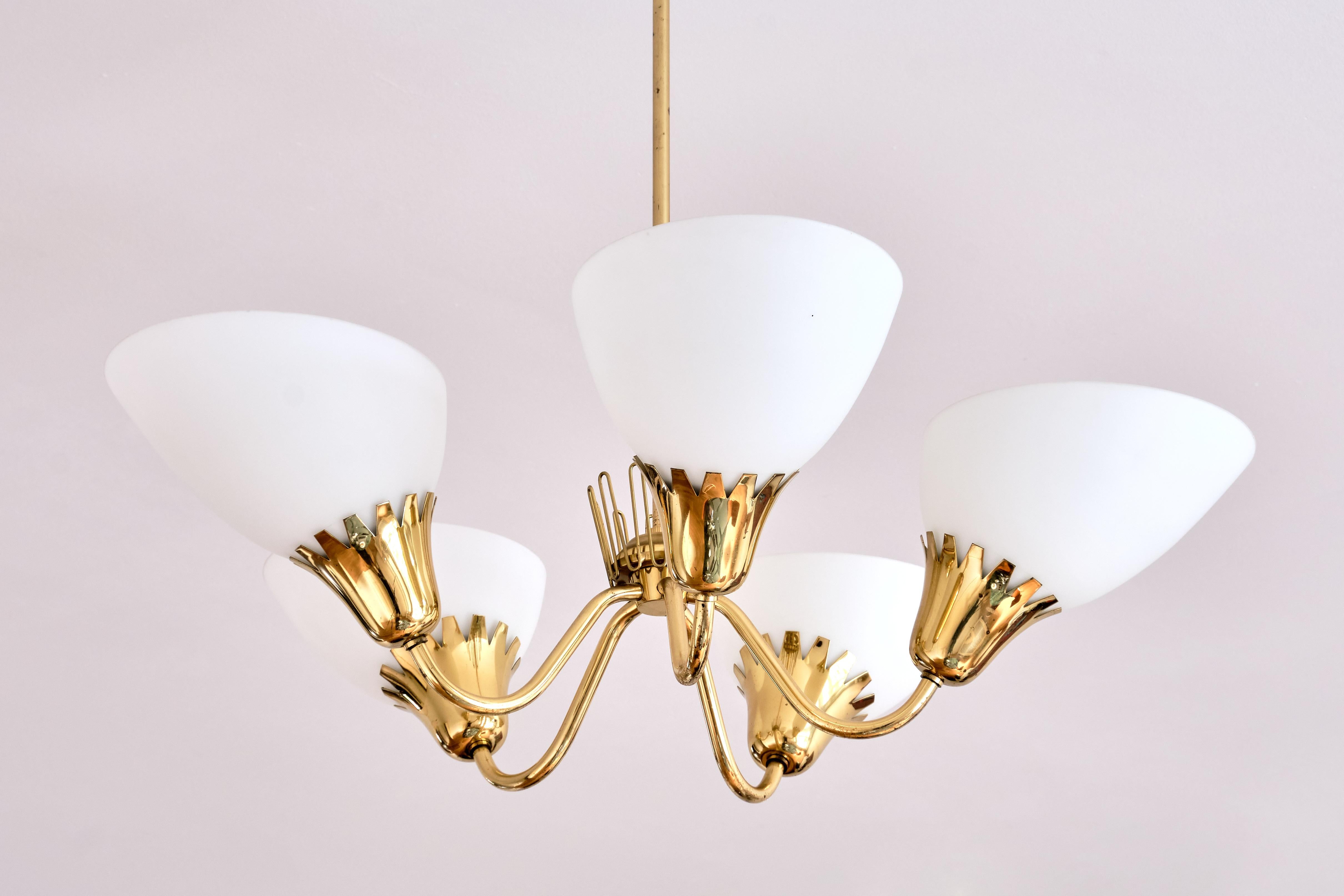 Hans Bergström Attributed Five Arm Chandelier in Brass, ASEA, Sweden, 1950s 3