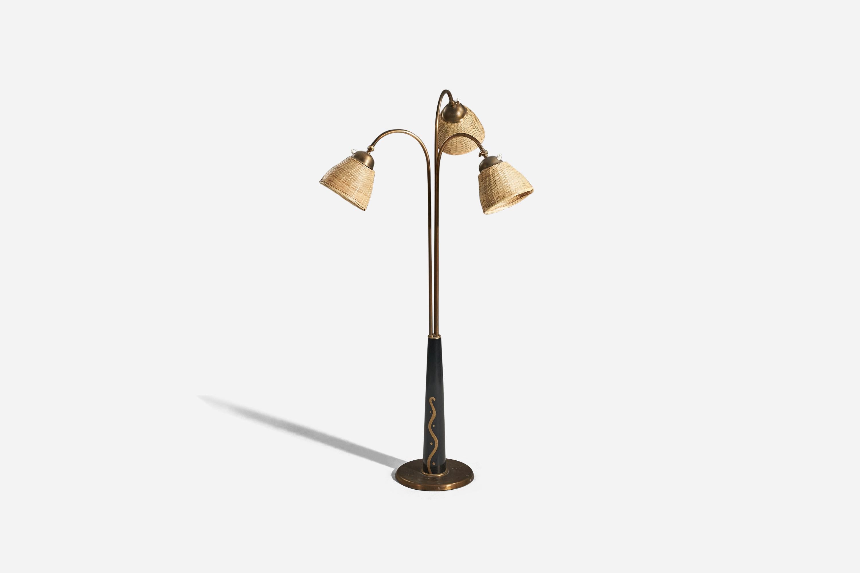 A brass, wood inlays and rattan, adjustable floor lamp; design attributed to Hans Bergström, Sweden, 1940s. 

Variable dimensions, measured as illustrated in the first image.
Sold with Lampshade(s). 
Stated dimensions refer to the Floor Lamp with