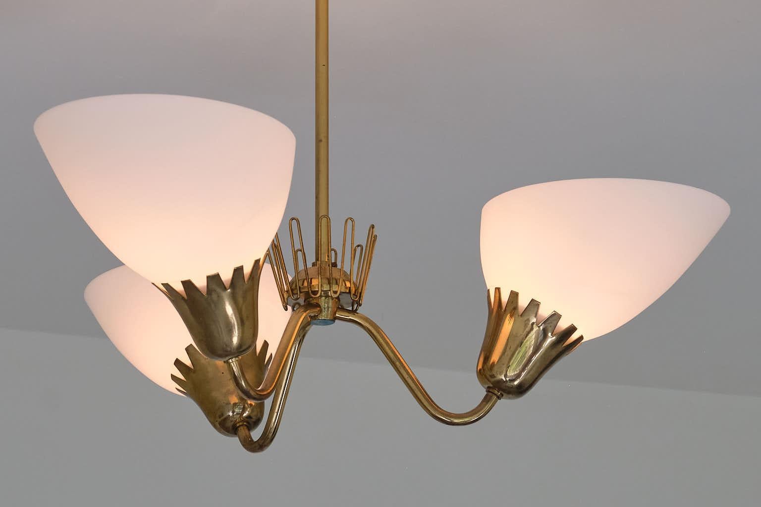 Hans Bergström Attributed Three Arm Chandelier in Brass, ASEA, Sweden, 1950s For Sale 4