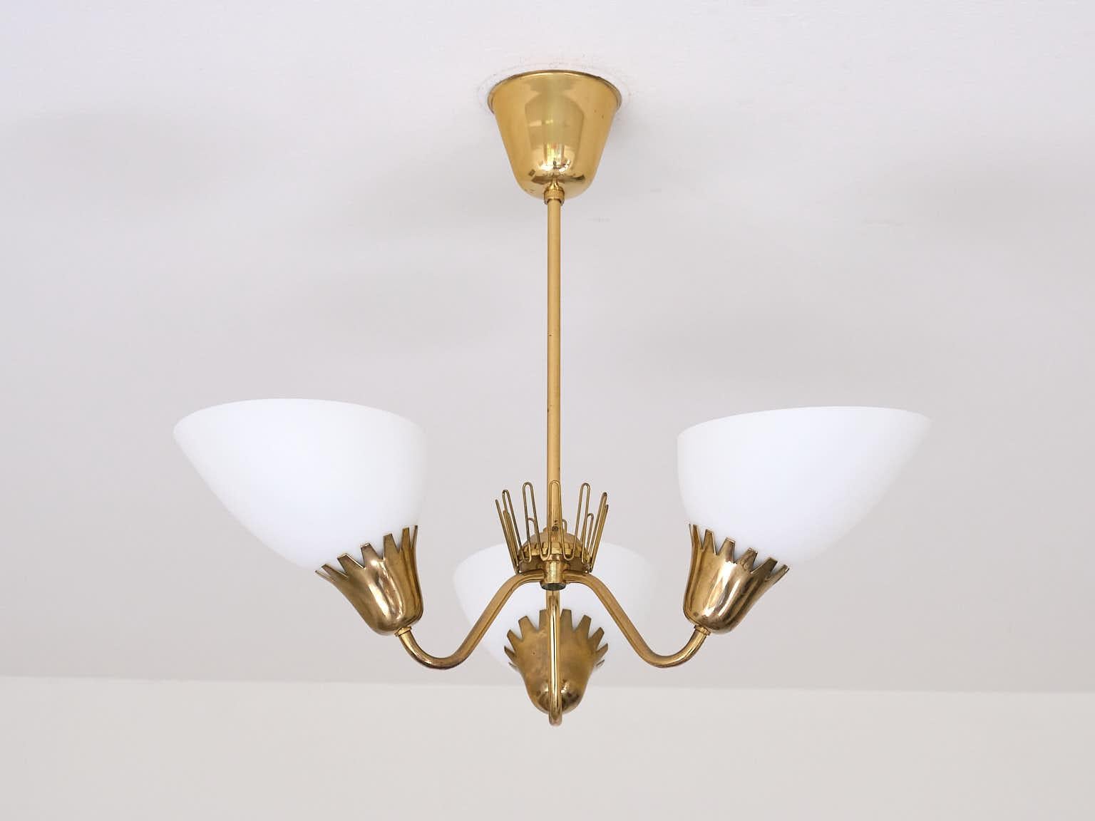 Hans Bergström Attributed Three Arm Chandelier in Brass, ASEA, Sweden, 1950s For Sale 5