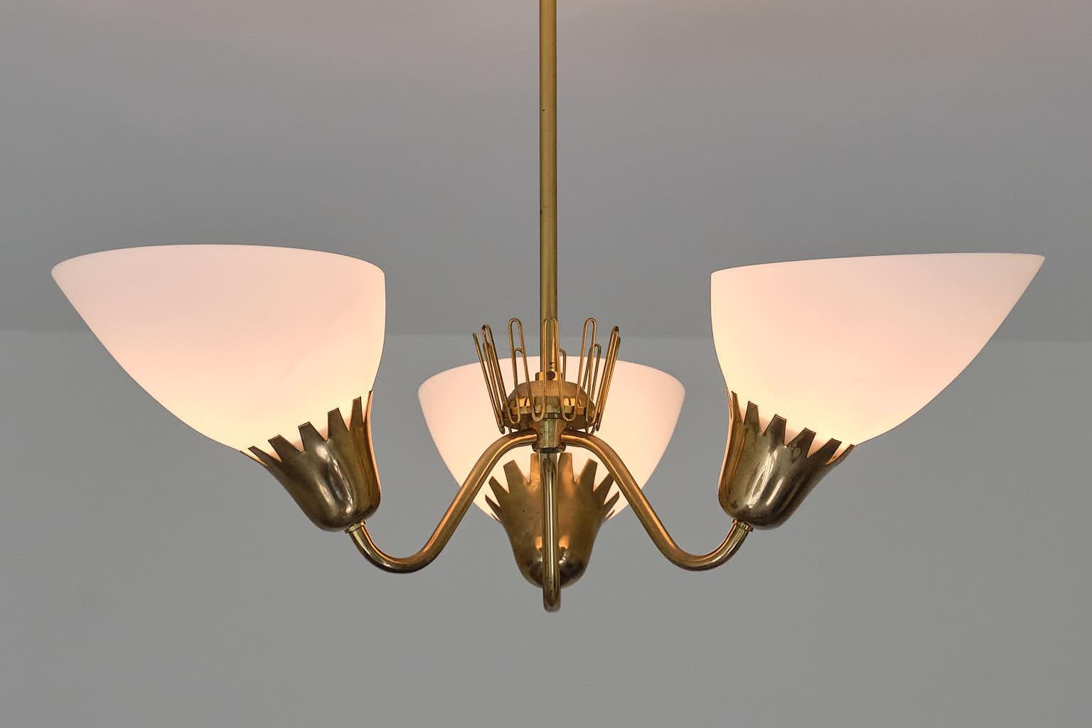 Scandinavian Modern Hans Bergström Attributed Three Arm Chandelier in Brass, ASEA, Sweden, 1950s For Sale