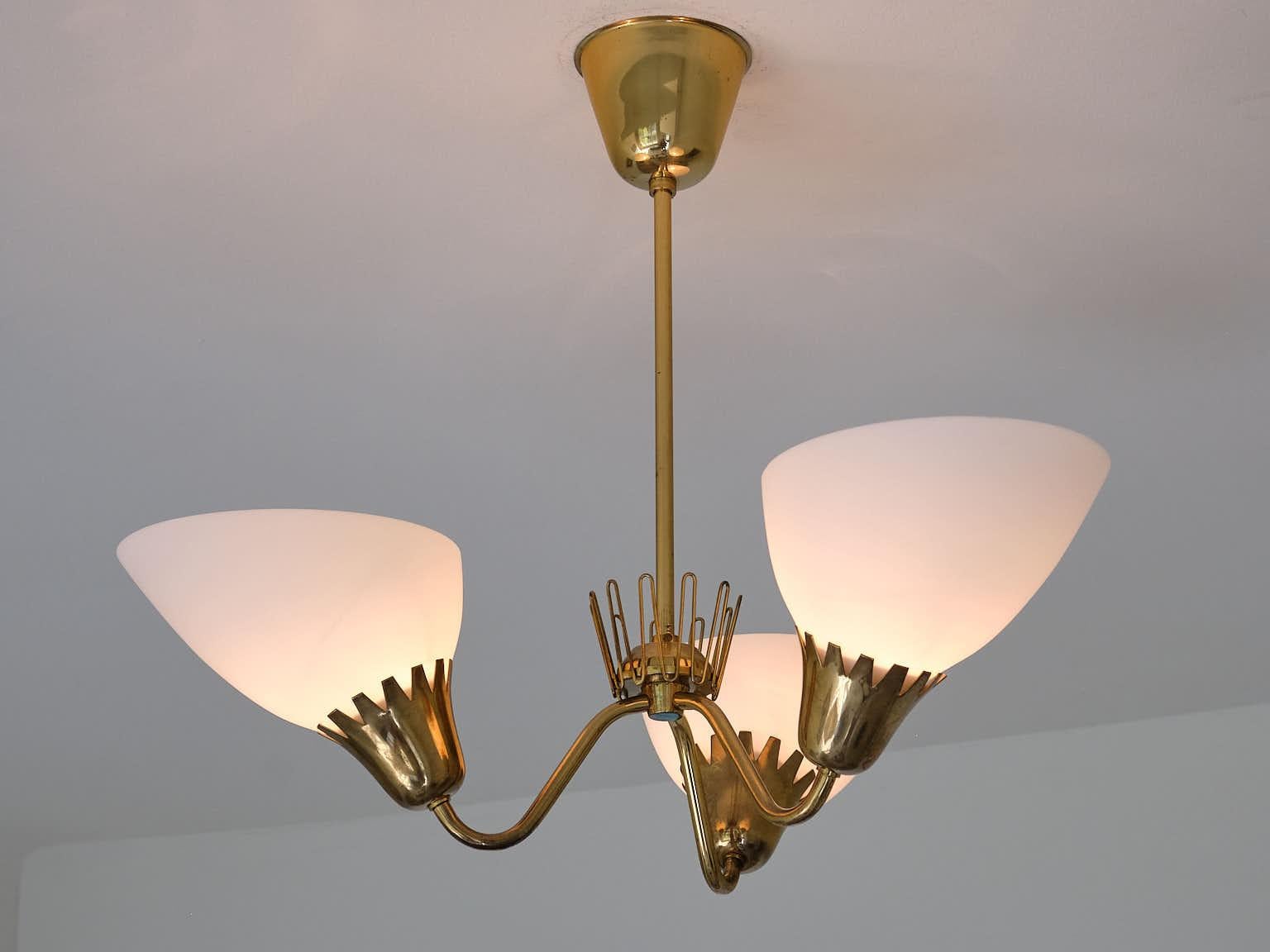 Swedish Hans Bergström Attributed Three Arm Chandelier in Brass, ASEA, Sweden, 1950s For Sale