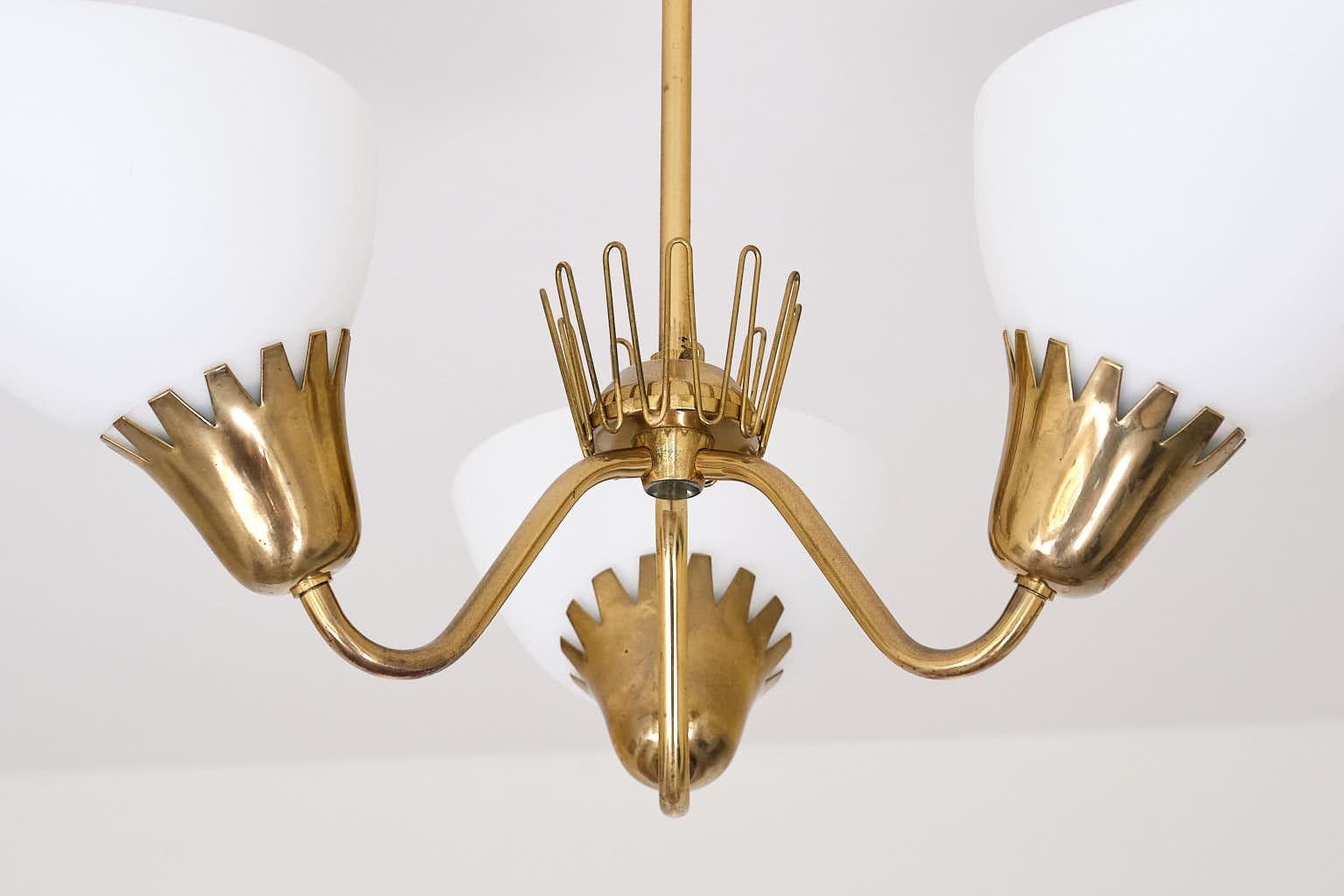 Mid-20th Century Hans Bergström Attributed Three Arm Chandelier in Brass, ASEA, Sweden, 1950s For Sale