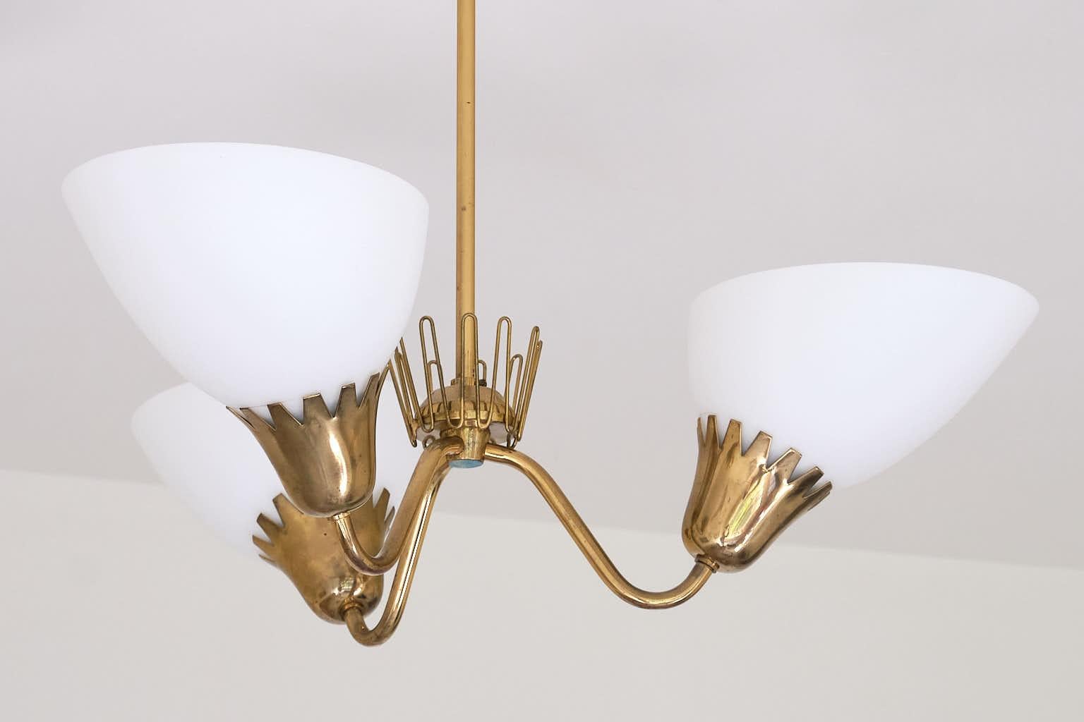 Hans Bergström Attributed Three Arm Chandelier in Brass, ASEA, Sweden, 1950s For Sale 1