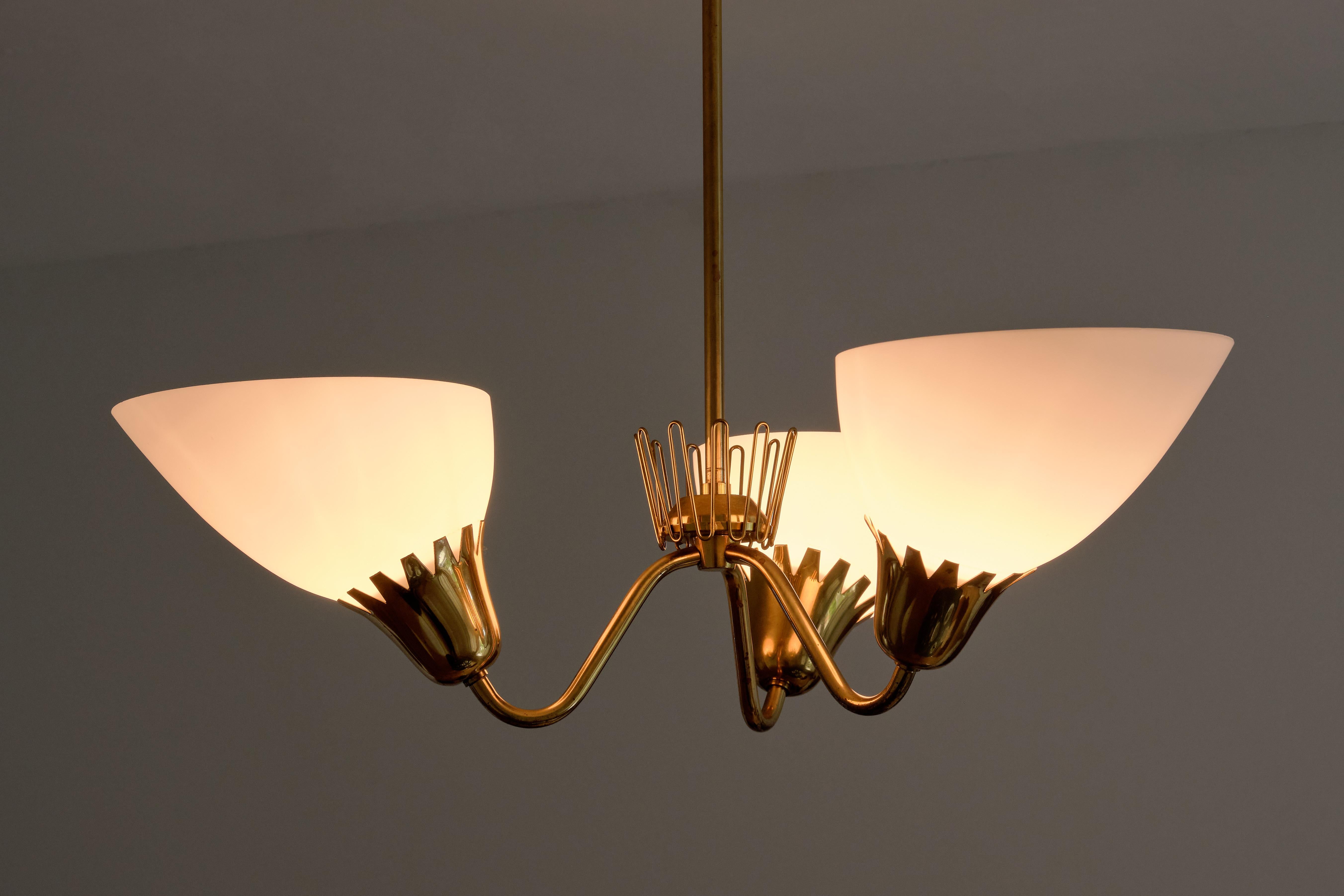 Hans Bergström Attributed Three Arm Chandelier in Brass, ASEA, Sweden, 1950s 2