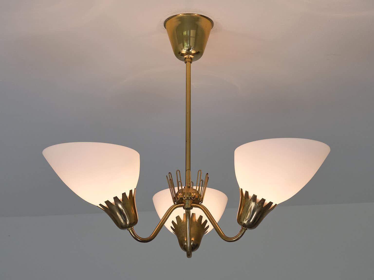 Hans Bergström Attributed Three Arm Chandelier in Brass, ASEA, Sweden, 1950s For Sale 2