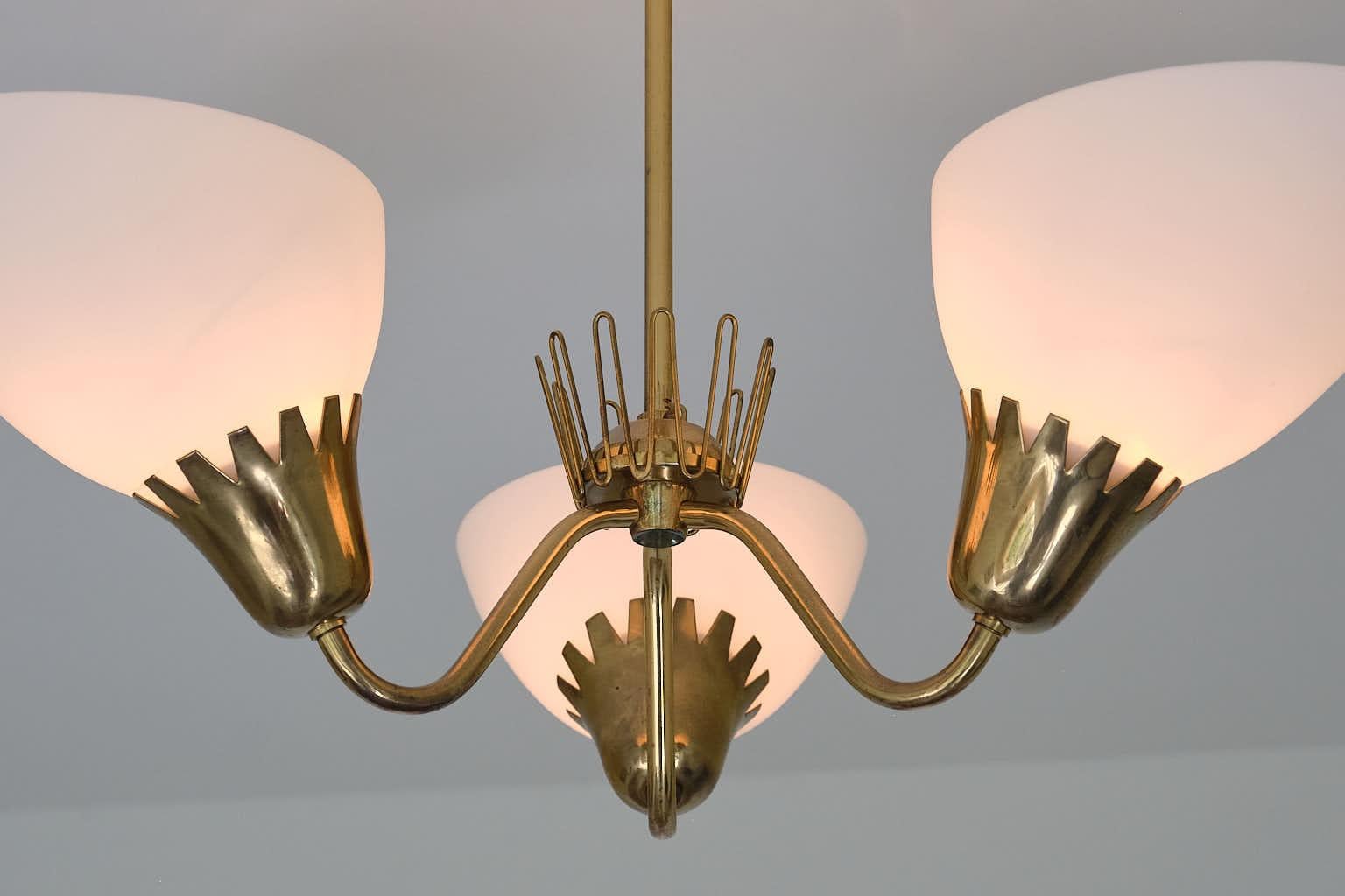 Hans Bergström Attributed Three Arm Chandelier in Brass, ASEA, Sweden, 1950s For Sale 3