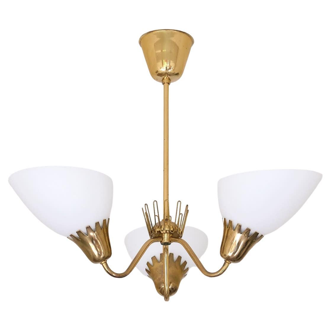 Hans Bergström Attributed Three Arm Chandelier in Brass, ASEA, Sweden, 1950s