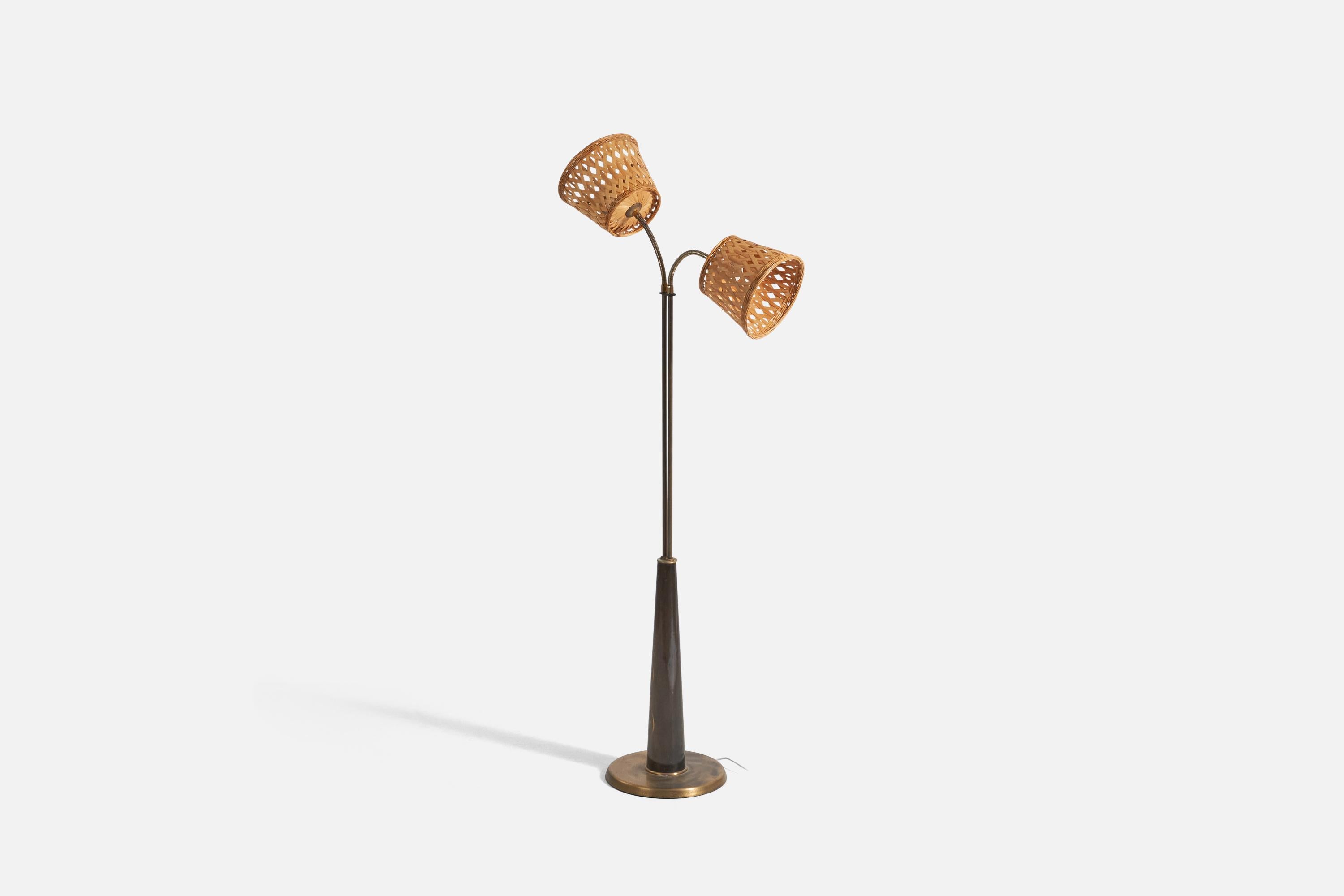 Scandinavian Modern Hans Bergström Attribution, Floor Lamp, Brass, Wood, , Rattan, Sweden, 1940s