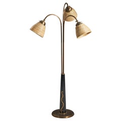 Hans Bergström "Attribution", Floor Lamp, Brass, Wood, Rattan, Sweden, 1940s