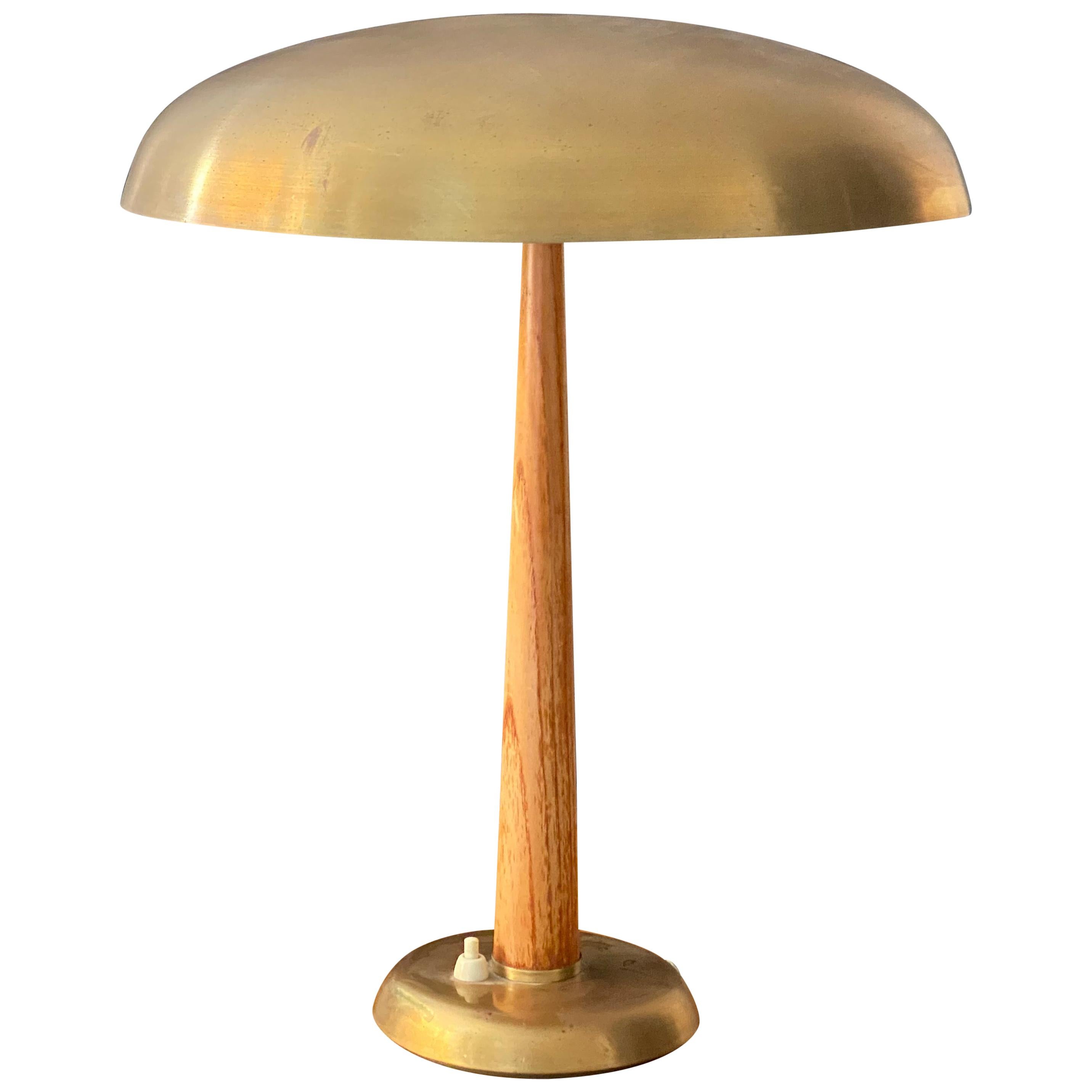 Hans Bergström (Attribution) Functionalist table lamp brass & oak, Sweden 1940s