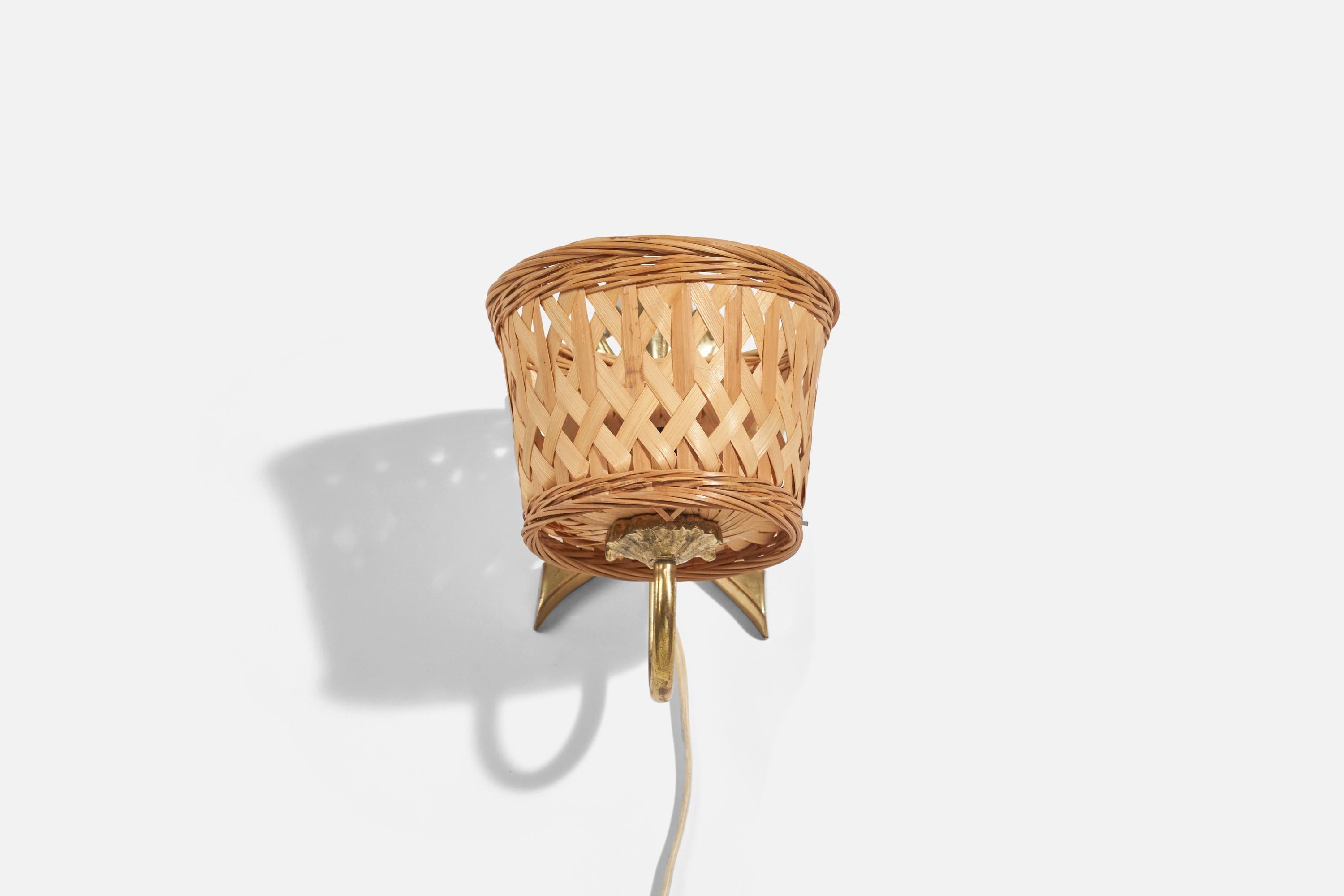 Hans Bergström Attribution, Sconce, Brass, Rattan, Sweden, 1950s In Good Condition For Sale In High Point, NC