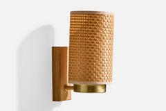 Hans Bergström Attribution, Wall Light, Oak, Brass, Rattan, Sweden, 1950s