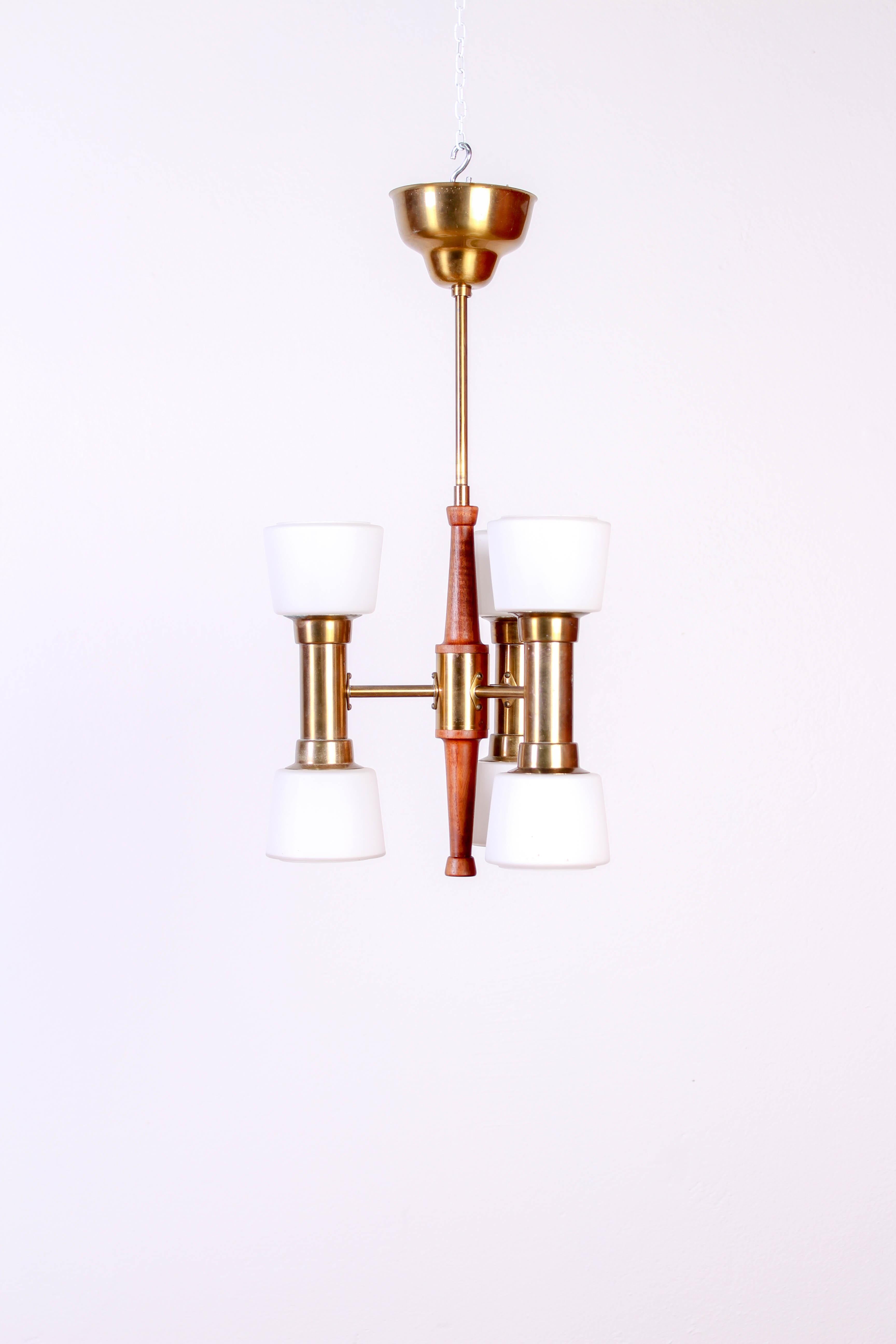 Swedish Hans Bergström Brass and Teak Ceiling Lamp by ASEA For Sale