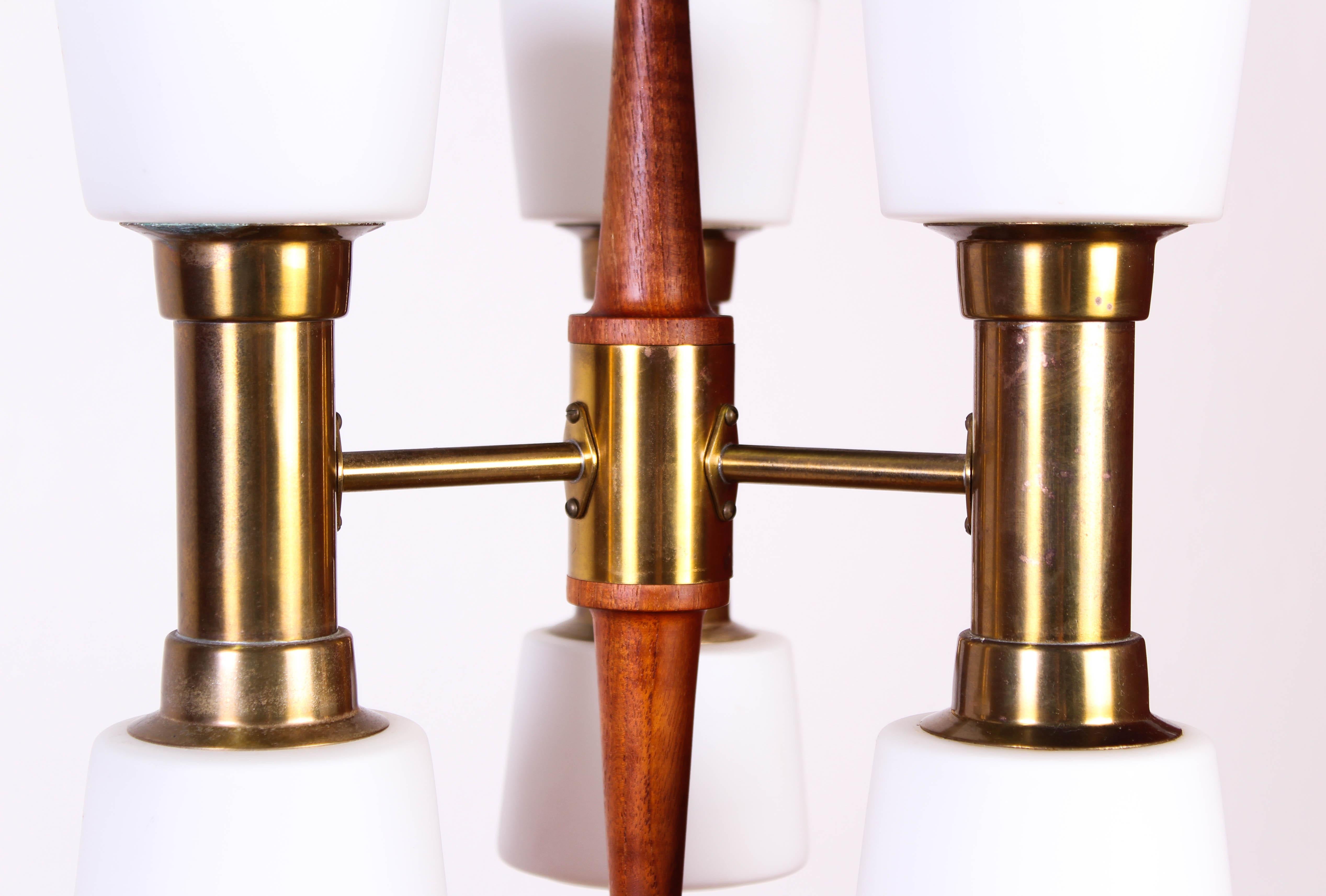 Hans Bergström Brass and Teak Ceiling Lamp by ASEA (Mitte des 20. Jahrhunderts) im Angebot