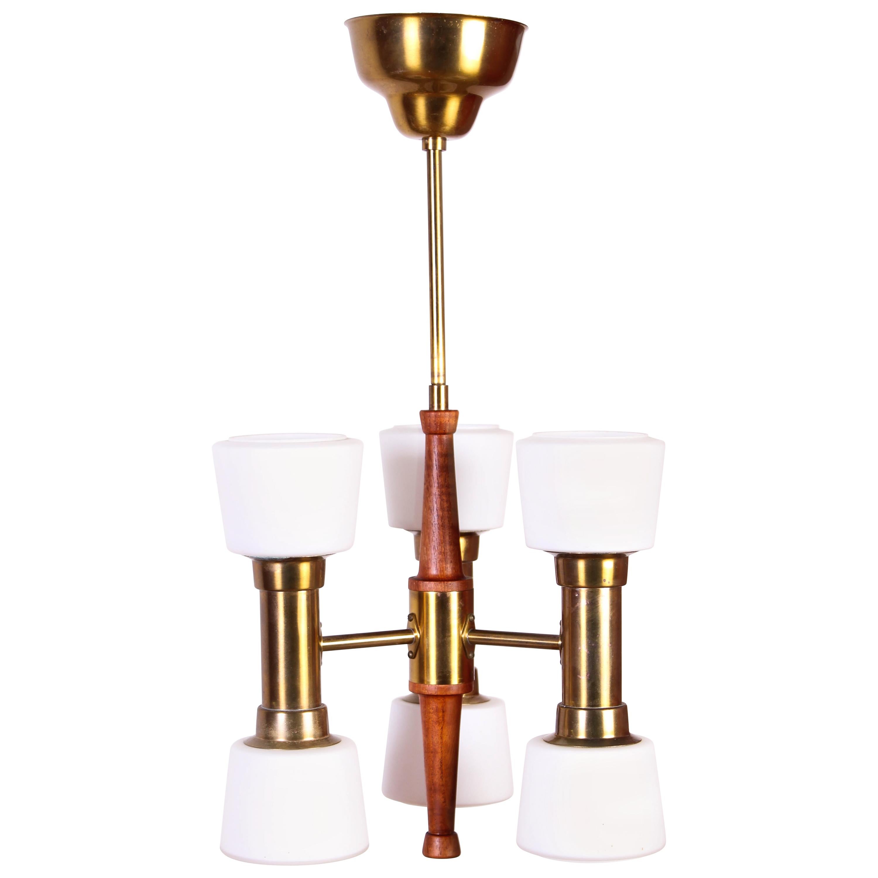 Hans Bergström Brass and Teak Ceiling Lamp by ASEA For Sale