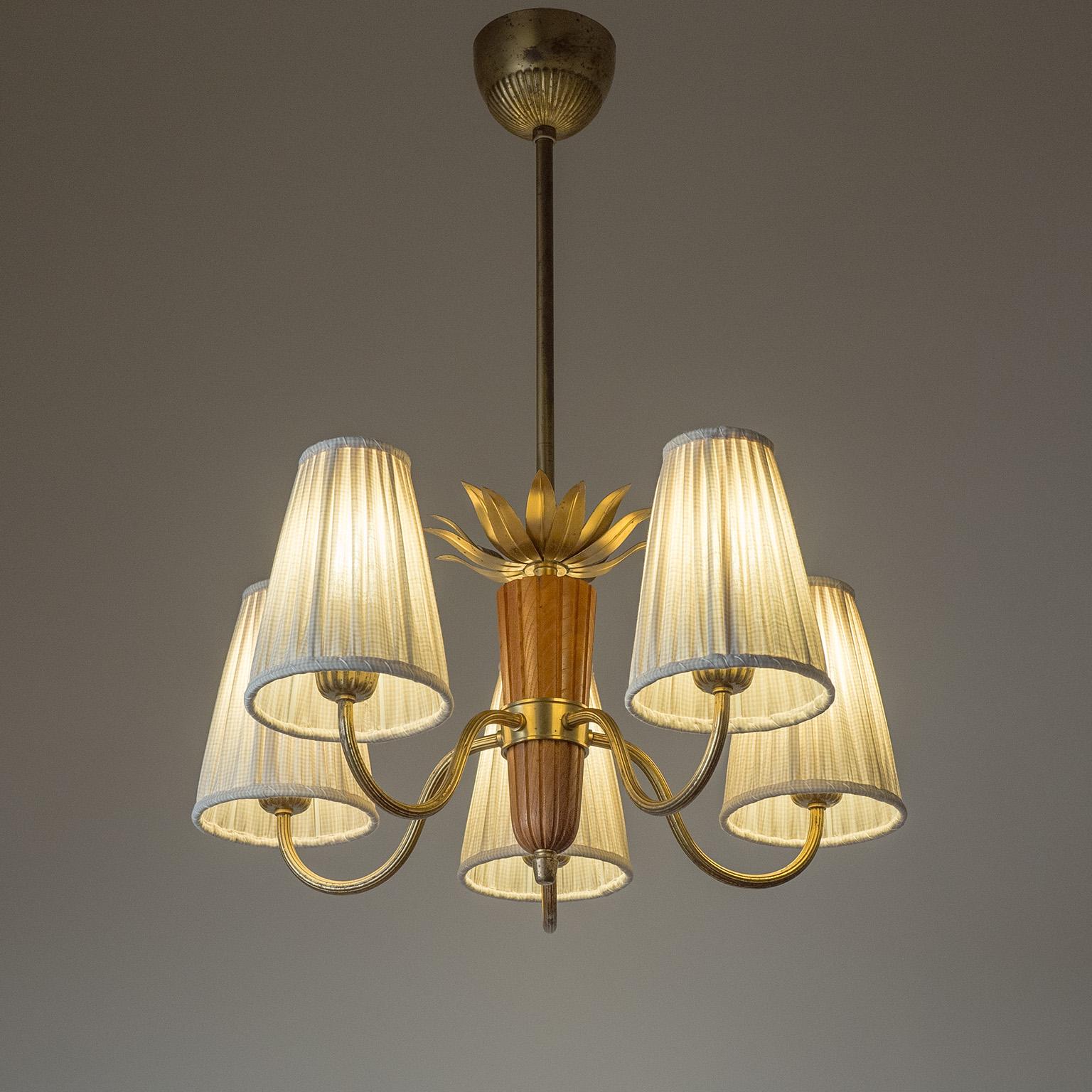 Swedish Hans Bergström Brass And Wood Chandelier, circa 1950